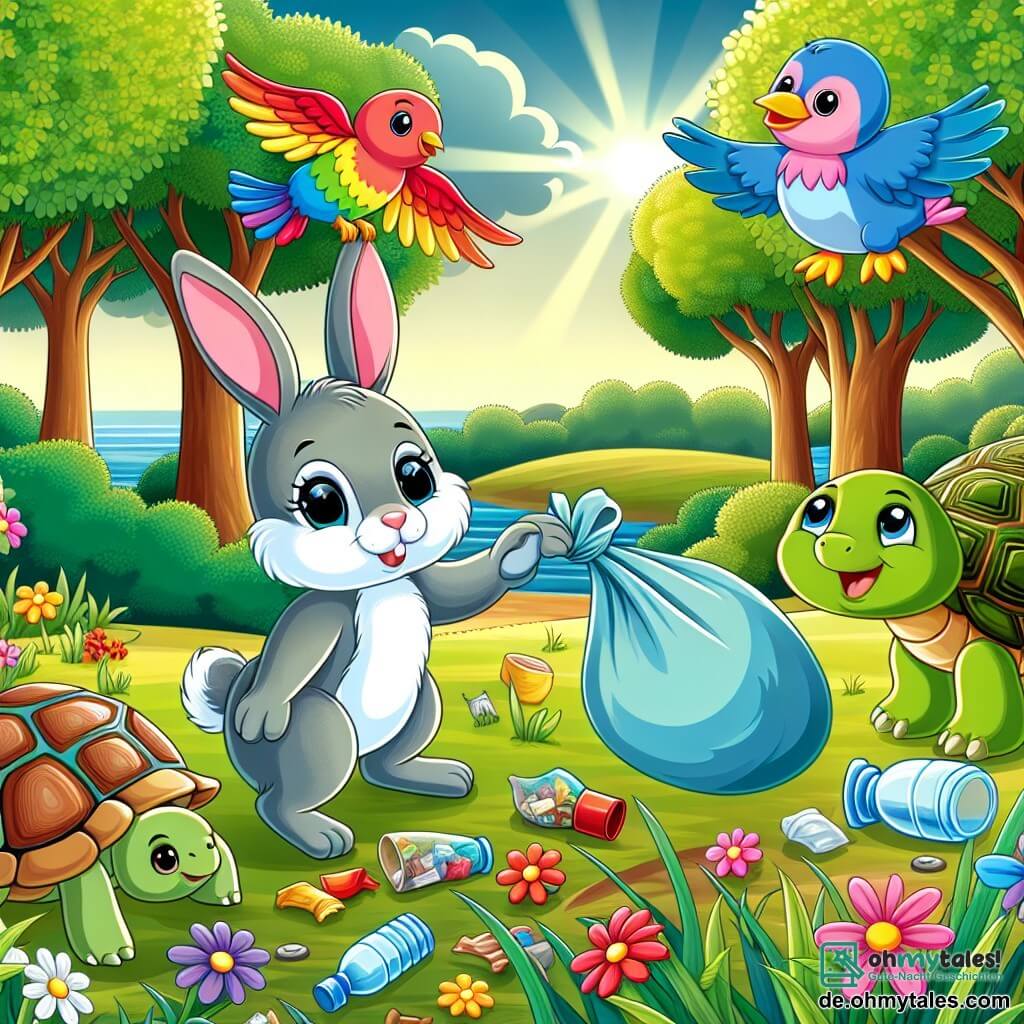Ein kleiner Hase mit großen, glänzenden Augen und grauem Fell, der einen entschlossenen Ausdruck im Gesicht hat, sammelt bunte Abfälle auf einer grünen Wiese. In der Nähe fliegt ein fröhlicher Vogel mit buntem Gefieder und strahlendem Lächeln über ihn hinweg und sucht nach Abfällen, die an den Zweigen der Bäume hängen. Eine weise Schildkröte mit einem grünen, gemusterten Panzer bewegt sich langsam am Boden und trägt einen kleinen Sack voller Abfälle, mit einem Ausdruck von Stolz. Die Szenerie ist ein wunderschöner, sonniger Wald, in dem leuchtend bunte Blumen zwischen dem hohen Gras wachsen und Lichtstrahlen durch die Blätter der Bäume filtern. Die Szene zeigt die Tiere, die sich gemeinsam anstrengen, um ihren Lebensraum zu reinigen, mit verstreuten Abfällen um sie herum, was die Bedeutung des Naturschutzes symbolisiert.