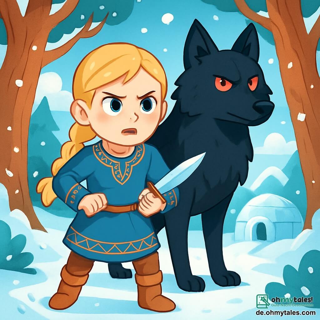 Freyja, ein mutiges etwa 12-jähriges Mädchen, steht im Mittelpunkt der Szene. Sie hat lange, geflochtene blonde Haare, strahlende und entschlossene Augen und trägt eine blaue Wolltunika mit nordischen Mustern. Ihr Gesicht zeigt intensive Konzentration und leichte Nervosität, während sie selbstbewusst einen kleinen Dolch schwingt. An ihrer Seite steht der Fenriswolf, ein majestätischer großer schwarzer Wolf mit glänzendem Fell und durchdringend roten Augen, der sie mit stolzer und wachsamer Haltung beschützt. Er steht leicht im Hintergrund und beobachtet die Umgebung aufmerksam. Die Kulisse ist eine verzauberte Lichtung, umgeben von großen, knorrigen Bäumen, die mit funkelndem Schnee bedeckt sind. Der Himmel ist hellblau mit fluffigen weißen Wolken, und sanfte Schneeflocken fallen um sie herum, was eine magische Atmosphäre schafft. Die Hauptsituation zeigt Freyja, bereit, sich der Kreatur zu stellen, die den Winter gebracht hat, entschlossen, ihr Dorf vor der ewigen Kälte zu retten. Sie steht fest, bereit, auf die geheimnisvolle kleine Eis-Hütte zuzugehen, die in der Mitte der Lichtung steht, ein Symbol ihres Mutes und ihrer Suche.
