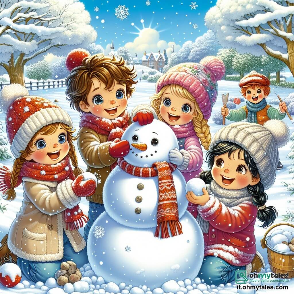 In un parco innevato, quattro bambini di sette anni si divertono insieme. Marco, un ragazzo dai capelli castani e dagli occhi brillanti, sta sollevando una grande palla di neve per costruire un pupazzo di neve. Accanto a lui, Giulia, una ragazza con i capelli biondi intrecciati e un sorriso radioso, aggiunge una sciarpa rossa attorno al collo del pupazzo. Anna, una ragazza con i capelli castani e occhiali tondi, tiene un piccolo secchiello di sassi per fare gli occhi del pupazzo, mentre Luca, un ragazzo dai capelli neri e dalle guance rosate, ride tenendo una carota per il naso. Il parco è coperto da un spesso mantello di neve scintillante, con alberi le cui branche sono cariche di fiocchi bianchi. Il cielo è di un blu chiaro, punteggiato da nuvole soffici, e il sole brilla dolcemente, illuminando la scena con una luce calda. I bambini sono in piena azione, ridendo e giocando, mentre costruiscono insieme il loro pupazzo di neve, creando ricordi felici in questa bella giornata d'inverno.