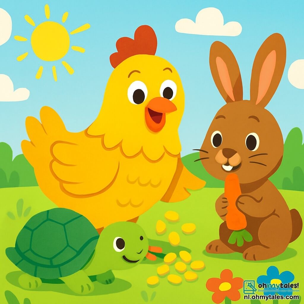 Een blije hen met gouden veren en sprankelende ogen staat in het midden, glimlachend en vol leven. Ze deelt glanzende maïs met haar vrienden. Aan haar rechterkant knabbelt een jonge konijn met grote oren, een bruin vacht en nieuwsgierige ogen aan een oranje wortel, terwijl hij de hen bewonderend aankijkt. Aan haar linkerkant observeert een schildpad met een groene, glanzende schild, met een serene blik, de scène terwijl hij zachtjes glimlacht. De omgeving is een groene weide, bezaaid met kleurrijke bloemen en verlicht door het gouden zonlicht, met een heldere blauwe lucht op de achtergrond. De hoofdscène toont de hen en haar vrienden die een vrolijke maaltijd delen, omringd door gelach en warmte, wat een sfeer van kameraadschap en geluk creëert.