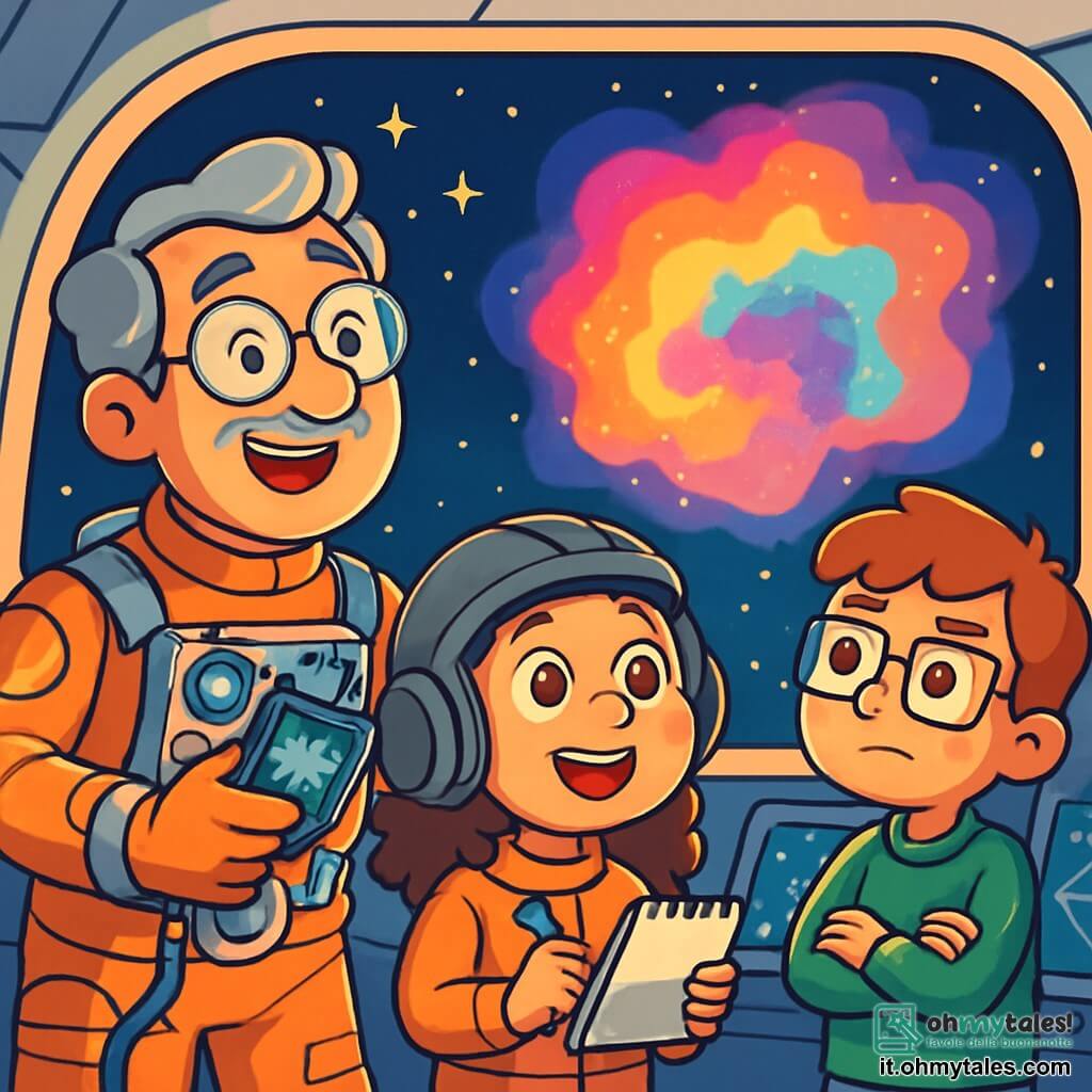 Il Dottor Leo, un uomo di mezza età con capelli brizzolati e occhiali tondi, sorride meravigliato osservando un immenso nuvola colorata di energia nello spazio. Indossa una tuta spaziale brillante, decorata con molti gadget scientifici, e tiene un dispositivo di misurazione in mano. Accanto a lui, una ragazza di 10 anni con capelli ricci e castani guarda con occhi spalancati, affascinata dallo spettacolo. Indossa un casco da pilota e prende appunti su un quaderno, piena di entusiasmo. Un ragazzo di 9 anni con occhiali quadrati e lentiggini si trova un po' in disparte, con le braccia incrociate, ma il suo viso esprime una curiosità intensa mentre scruta le stelle. La scena si svolge nella cabina di una navetta spaziale futuristica, con schermi luminosi che mostrano dati e mappe stellari. Attraverso il grande oblò, si intravede un cielo nero punteggiato di stelle scintillanti e l'anomalia colorata e misteriosa che pulsa di luce, creando un'atmosfera magica e intrigante. La situazione principale mostra il Dottor Leo e i suoi giovani assistenti intenti a studiare l'anomalia spaziale, catturati dalla bellezza dell'universo, pronti a fare una scoperta che potrebbe cambiare il corso dell'esplorazione spaziale.