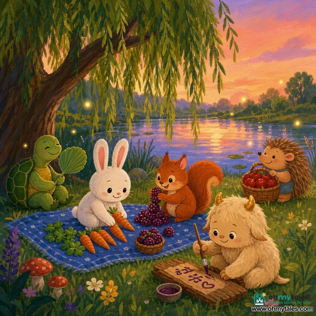 Milo, main character: small imaginary furry creature the color of toasted marshmallow with two small shiny round horns, gentle eyes and a shy proud smile, sitting and holding a brush dipped in berry juice, slowly writing "WELCOME" on a bark plank; Tessa the turtle: bright green-shelled turtle with a calm kind expression, sitting left of Milo under a weeping willow, fanning herself with a leaf; Remy the rabbit: white rabbit, tidy and focused, arranging rows of carrots and clovers on a blue cloth at the front right; Pip the squirrel: small red squirrel, joyful, piling purple-red berries into a cheerful heap beside Remy with a few rolling berries; Perry the porcu-pig: shy brown-ochre porcupine-pig holding a basket of shiny apples, smiling and relieved, slightly in the right background; setting: edge of a calm pond with a willow creating a shaded corner, picnic cloth on green grass, distant glowing fireflies, peach and lavender twilight sky with soft reflections on the water; overall: warm collaborative picnic scene of friends arranging food and painting a welcome sign, soft end-of-day light, visible gouache textures, pastel colors and warm contrasts.