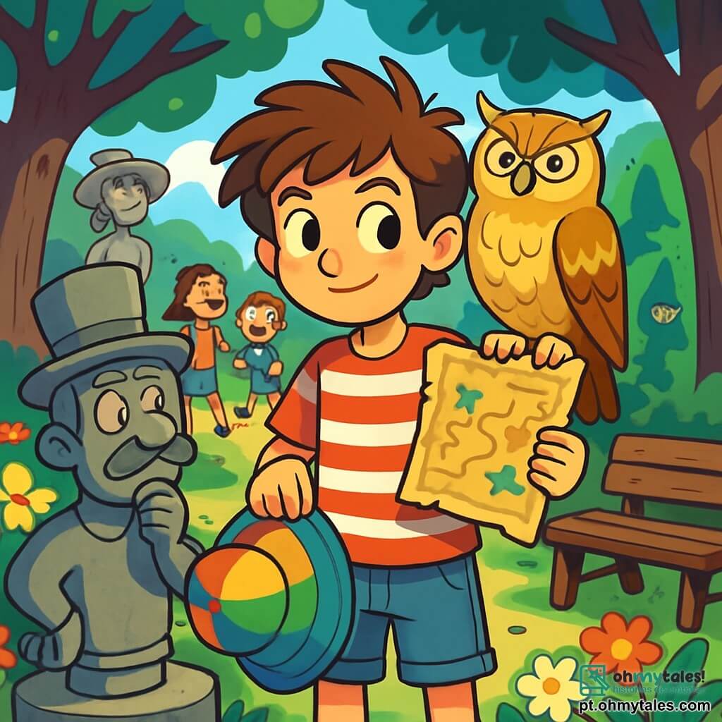 Um garoto de 12 anos, Eliot, com cabelos desgrenhados e olhos brilhantes de curiosidade, está no meio de um parque animado, com uma expressão determinada no rosto. Ele usa uma camiseta listrada e um short de denim, segurando um chapéu de chuva colorido em uma mão e um mapa misterioso na outra. Ao seu lado, Madame Astúcia, uma majestosa coruja de penas douradas, empoleira-se em seu ombro, observando o mundo com um olhar sábio e travesso. O parque está cheio de estátuas de formas estranhas, algumas com bigodes postiços, cercadas por flores vibrantes e bancos de madeira desgastados. Crianças riem e brincam ao redor, enquanto duendes se escondem atrás das árvores, observando a cena. Eliot, intrigado, examina uma estátua que parece prestes a ganhar vida, enquanto sombras misteriosas dançam ao seu redor, adicionando um toque de magia à atmosfera.