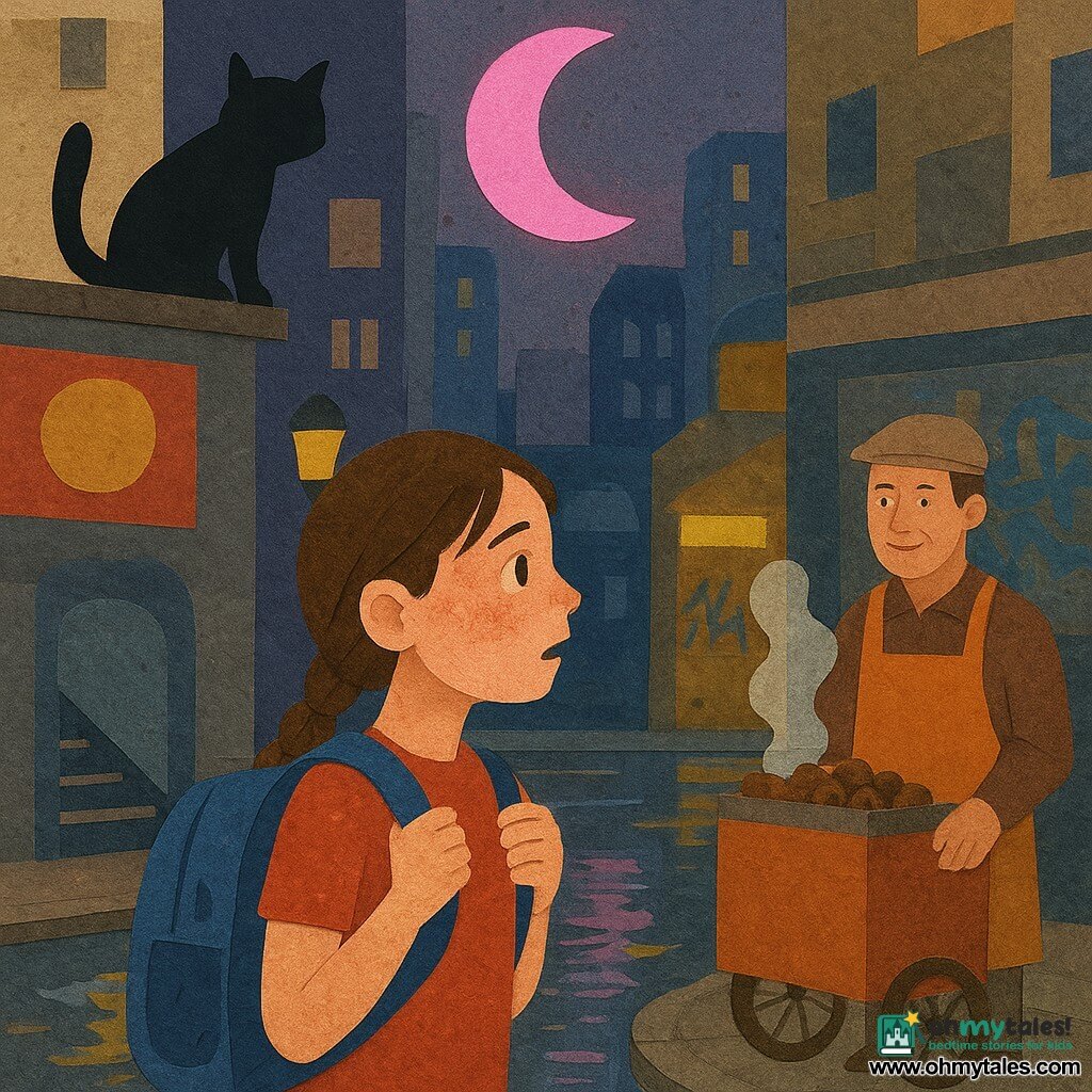A small, lively 10-year-old girl with braided brown hair and a neon-flecked face looks amazed and slightly worried, clutching her rain‑streaked blue backpack; a shadowy black cat perches on the rooftop edge, a kindly chestnut vendor in a rust apron stands by a steaming cart, and on a wet city street after rain with gleaming sidewalks, puddles, yellow streetlights, colorful billboards and a pink neon moon between skyscrapers the girl pauses under the moon before three glowing choices—a steaming subway entrance, a graffiti-lined alley, and a lit rooftop garden—hesitant but ready for adventure.