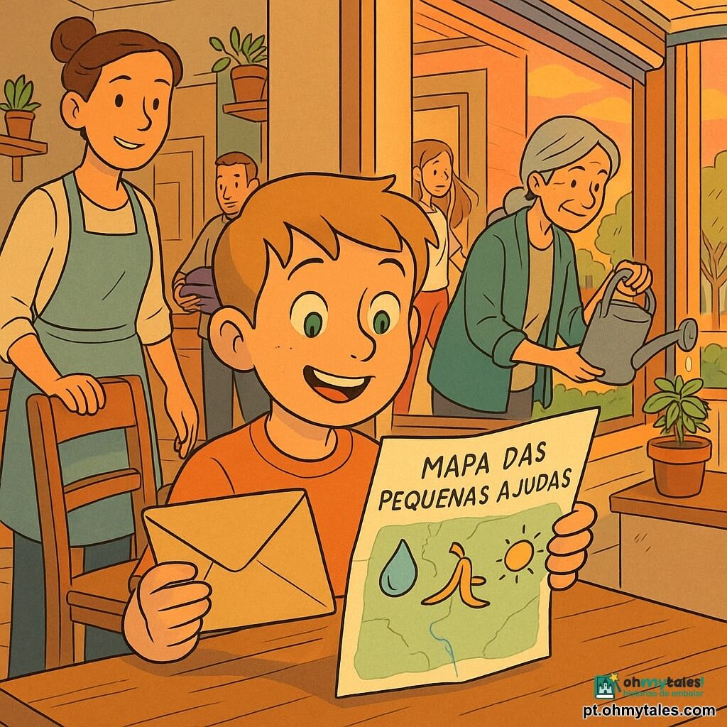 Um menino de 8 anos, cabelo castanho-claro curto, olhos verdes brilhantes e sorriso curioso, sentado junto a uma janela com luz alaranjada do pôr do sol, segura um envelope de papel reciclado e um pequeno "Mapa das Pequenas Ajudas" aberto; atrás, à esquerda, a mãe (cerca de 35 anos), cabelo castanho apanhado em coque e avental, sorri com a mão no encosto da cadeira; à direita, ao fundo, o pai (cerca de 37 anos), cabelo curto e barba rala, dobra roupas calmamente; a avó (cerca de 65 anos), cabelo grisalho em trança, rega um vaso de manjericão no balcão; a irmã adolescente (cerca de 14 anos), cabelo comprido solto e fones brancos, atravessa o corredor dançando; ambiente: sala-cozinha acolhedora com chão de madeira clara, prateleiras com plantas e uma grande janela para uma rua com árvores de folhas verdes ao pôr do sol; foco na descoberta encantada do mapa ecológico desenhado à mão com ícones simples (gota azul, casca de banana, sol amarelo), luz dourada, linhas nítidas e cores planas, estilo gráfico infantil.