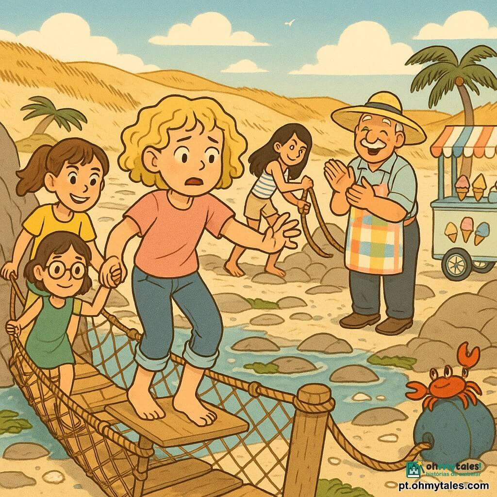 Quatro meninas de 12 anos atravessam uma passarela de rede baixa sobre a areia: Inês (cabelo castanho preso em rabo de cavalo, camiseta amarela, short azul) marcha atrás segurando a mão de Marta; Marta (cabelo loiro encaracolado, camiseta rosa, jeans dobrados) hesita com um pé numa tábua, mãos erguidas para equilibrar-se; Joana (cabelo castanho curto, óculos redondos, vestido verde) está no meio equilibrando uma tábua e murmurando “centro de gravidade”; Sara (cabelos longos pretos, regata listrada, short bege) na frente puxa nós de corda junto a uma rocha, sorrindo. Ao lado, um pequeno caranguejo laranja-avermelhado está sobre uma boia azul; à direita há um carrinho de gelados em tons pastéis com o vendedor Sr. Vieira (cerca de 60 anos, chapéu de palha, bigode branco, avental colorido) aplaudindo; ao fundo, o Sr. Ambrósio (cerca de 70 anos, chapéu sobre os olhos, camisa xadrez) dorme numa espreguiçadeira à sombra de uma palmeira. A praia é rochosa e ensolarada, com dunas de areia dourada, rochas planas, algas escuras, tábuas ruidosas e pequenas poças brilhantes sob um céu azul com poucas nuvens.