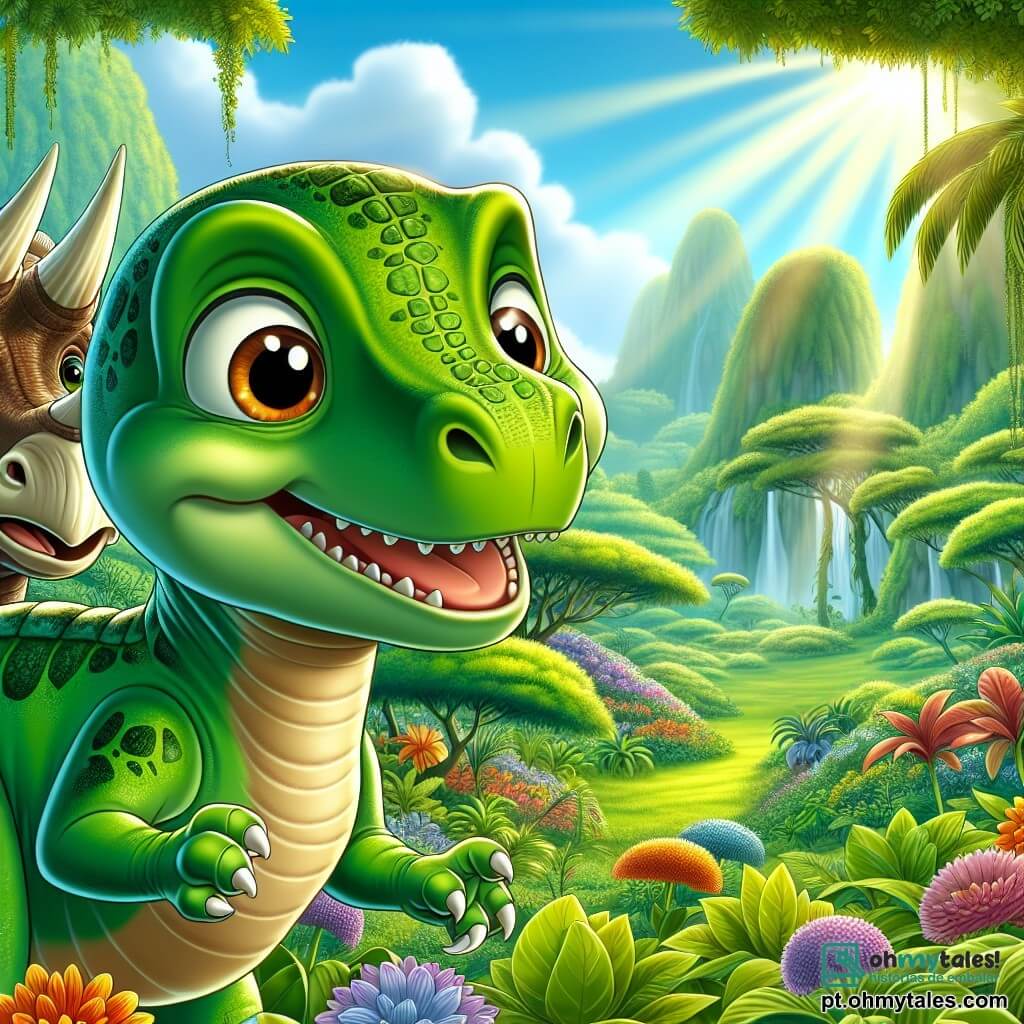 Um jovem Tyrannosaurus Rex, chamado Tiran, está no centro da imagem, com um olhar curioso e maravilhado. Ele tem uma pele verde brilhante, escamas cintilantes e grandes olhos expressivos que refletem seu entusiasmo pela aventura. Tiran está cheirando o ar, com os pequenos braços levantados, como se estivesse prestes a descobrir algo mágico. Ao seu lado, seu amigo Dario, um tricerátops robusto com três chifres distintos, observa com um sorriso alegre. Dario tem pele marrom claro com manchas mais escuras e está um pouco atrás, pronto para seguir Tiran em sua exploração. O cenário é um vale verdejante e magnífico, repleto de plantas coloridas e árvores grandes com folhas luxuriantes. Raios de sol atravessam a folhagem, iluminando flores vibrantes que dançam suavemente na brisa. A cena principal mostra Tiran e Dario descobrindo esse mundo secreto, com Tiran cheirando o ar, intrigado por um perfume misterioso, enquanto Dario, cheio de energia, se prepara para se aventurar mais longe no vale.