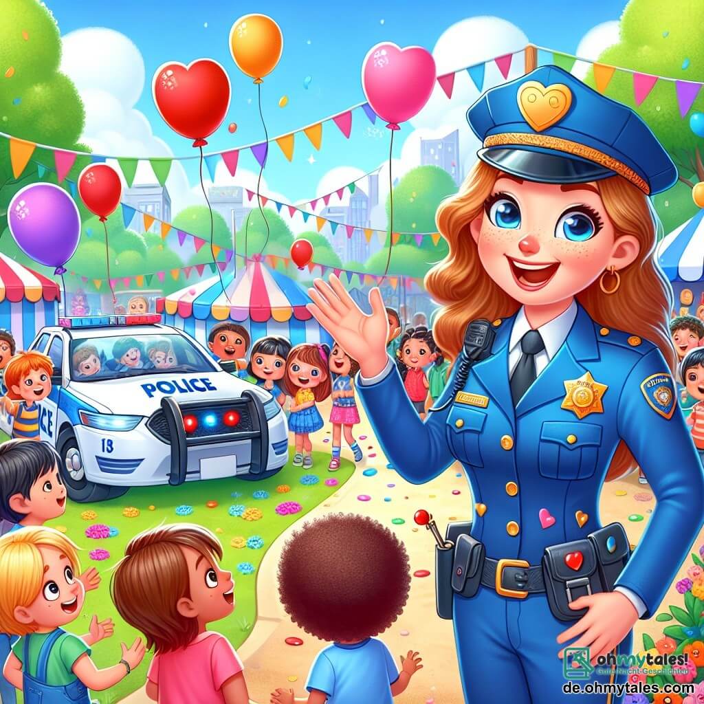 Eine lächelnde Polizistin, Mia, steht im Zentrum eines lebhaften Festes, trägt eine leuchtend blaue Uniform und eine Mütze. Ihre Augen strahlen vor Aufregung, und sie winkt freundlich den Kindern zu. Neben ihr hält ein 7-jähriger Junge mit lockigem, blonden Haar einen roten Herzballon und ist von der Polizistin begeistert. Eine Gruppe von Mädchen im Alter von 6 bis 8 Jahren mit braunen und kastanienbraunen Haaren nähert sich einem glänzenden Polizeiauto, mit weit aufgerissenen Augen, bereit, das Innere zu erkunden. Der Ort ist ein großer sonniger Park, gefüllt mit bunten Ständen, schwebenden Ballons und Kinderlachen. Grüne Bäume umgeben den Park, und mehrfarbige Blumen verleihen der Atmosphäre eine fröhliche Note. Die Hauptsituation zeigt, wie Mia den Kindern erklärt, was eine Polizistin macht, mit enthusiastischen Gesten, während die Kinder aufmerksam zuhören und von ihren Geschichten gefesselt sind.