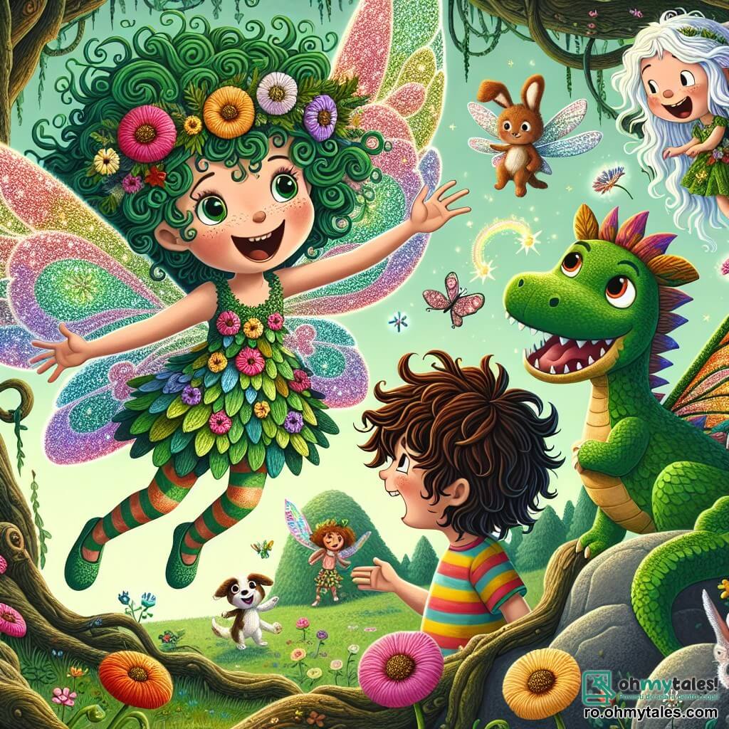 O zână veselă, numită Poppy, zboară în aer cu aripi strălucitoare de culori pastelate, un zâmbet mare iluminându-i fața. Are părul lung, creț, verde ca pădurea, și poartă o rochie din petale de flori multicolore. Poppy întinde mâna spre un dragon prietenos, Boris, care stă pe o piatră, având solzi strălucitori și ochi jucăuși. Boris, un dragon de dimensiunea unui câine, are o expresie jucăușă, pregătit să râdă, în timp ce o privește pe Poppy cu admirație. Lângă ei, Radu, un băiat de zece ani cu părul brun ciufulit și un tricou cu dungi colorate, stă în picioare, râzând cu poftă. Este înconjurat de creaturi magice, precum un iepure vorbitor numit Felix, care poartă o pălărie mare colorată și face grimase amuzante. Scena se desfășoară într-o poiană fermecată, înconjurată de copaci cu trunchiuri răsucite și flori uriașe care par să danseze în ritmul vântului. Razele de lumină filtrează prin frunze, creând o atmosferă magică și veselă. Situația principală îi arată pe Poppy și Radu, înconjurați de prietenii lor, povestind glume și râzând împreună, în timp ce Boris, dragonul, se pregătește să facă o acrobație în aer, gata să împărtășească bucuria și umorul cu toți.