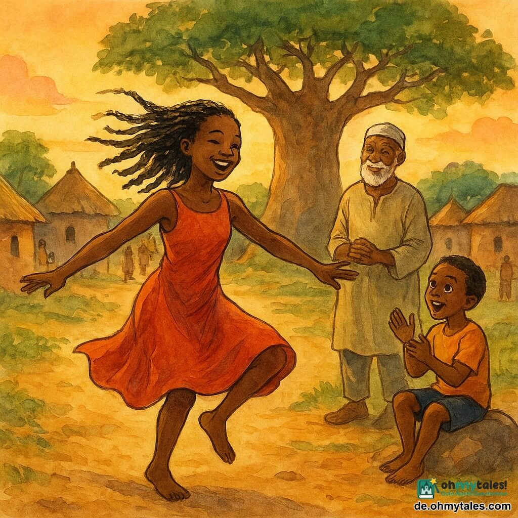 Eine junge afrikanische Frau, Sira, tanzt anmutig auf einem Erdbodenweg, ihre Augen leuchten vor Freude und ihre geflochtenen Haare schwingen um sie herum. Ein alter Müller, ein Mann mit weißem Bart, beobachtet sie mit einem wohlwollenden Lächeln, ein paar Schritte hinter ihr stehend. Ein etwa 8-jähriger Junge klatscht begeistert, seine Augen weit geöffnet vor Faszination, während er auf einem nahegelegenen Felsen sitzt. Die Szenerie ist ein malerisches afrikanisches Dorf mit Lehmhütten und einem großen Baobabbaum in der Mitte, beleuchtet vom sanften Licht der Dämmerung. Die Hauptszene zeigt Sira beim Tanzen, schafft eine Atmosphäre von Festlichkeit und Einheit, mit Dorfbewohnern, die sich versammelt haben, um einen Moment kollektiver Freude zu teilen.