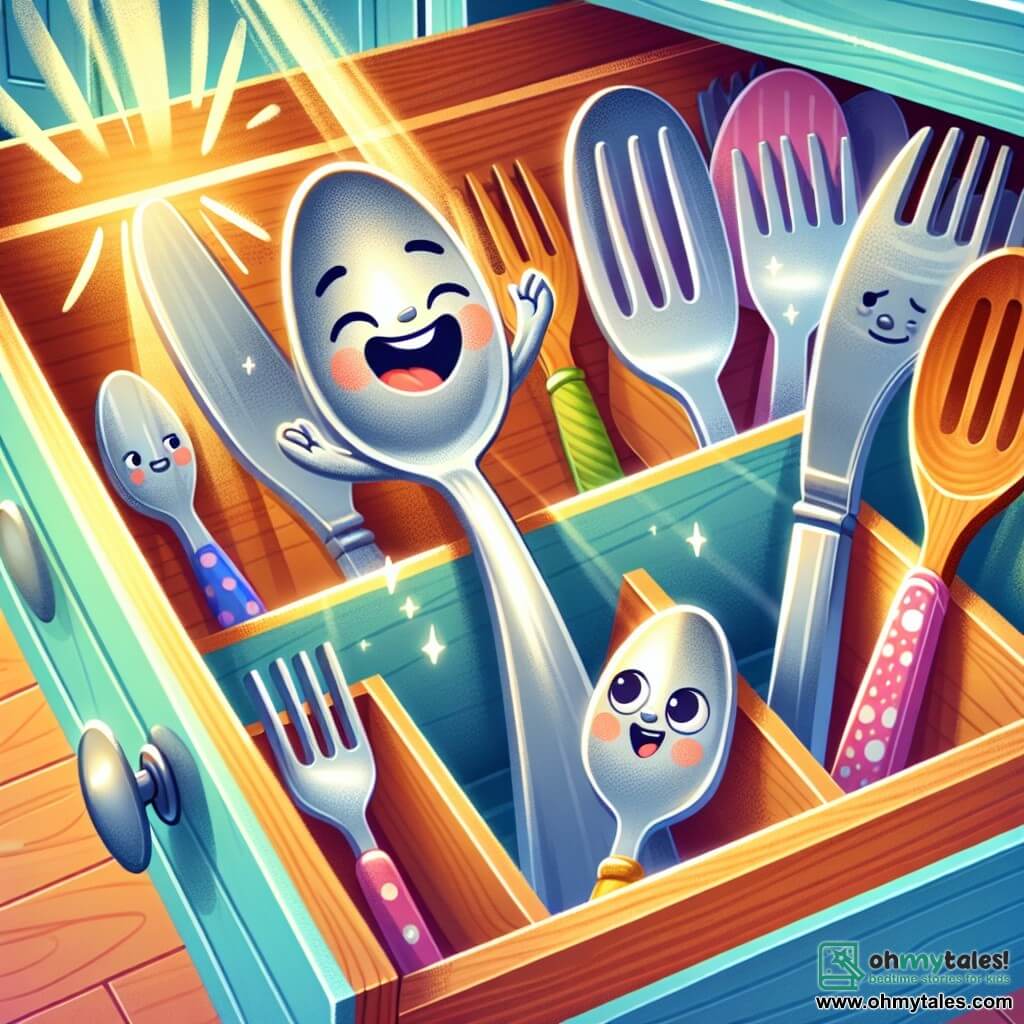 In a bright and welcoming kitchen, Sunny, a smiling and cheerful silver metal spoon, stands at the center, eyes sparkling with excitement as he invites Amara to join him. Amara, a wooden spoon intricately carved with delicate patterns, has a soft and shy expression, with a slight smile, standing next to Sunny, ready to share her story. Around them, several other utensils, like Forksy, a shiny stainless steel fork, watch curiously with a hint of hesitation. Knifey, a knife with a gleaming blade, stands back with crossed arms, but his gaze shows a mix of interest and concern. The setting is a light wooden kitchen drawer filled with colorful utensils and cheerful napkins, with rays of light filtering through the drawer's opening, creating a warm and friendly atmosphere. The main scene depicts Sunny encouraging Amara to share her story while the other utensils, intrigued, lean in to listen, illustrating a moment of discovery and acceptance in a colorful and joyful environment.