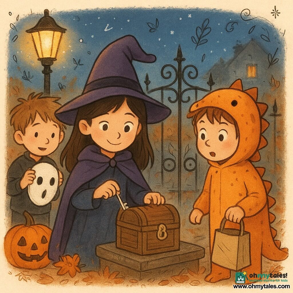 Mia, a shy but determined 10-year-old, wears a soft drooping witch hat and a purple cape, holds a small orange pumpkin with an "O" mouth in one hand and is inserting a silver key into a small worn wooden box with a crescent-shaped lock in the other; Jayden, about 10 in an orange dinosaur costume, stands slightly behind and to Mia's right with a candy bag, looking astonished; Leo, about 10, steps back to the left, removes a white mask to reveal messy hair and flushed cheeks, relieved. The park entrance is a black wrought-iron gate framed by russet leaves, a wet cobbled sidewalk under a humming yellow lamppost casting a warm glow with tiny golden sparks, long shadows and highlights on the leaves. Inside the box is a notebook with an orange ribbon and a small wrapped soap. The scene is a soft, mysterious Halloween: decorated pumpkins, blurred house decorations, a deep twilight blue sky with a few shy stars. Graphic style: warm colors, hand-painted textures, soft outlines, clear child-friendly expressions, and small doodle overlays (stars, leaves, mini-candies) to accent the magic.