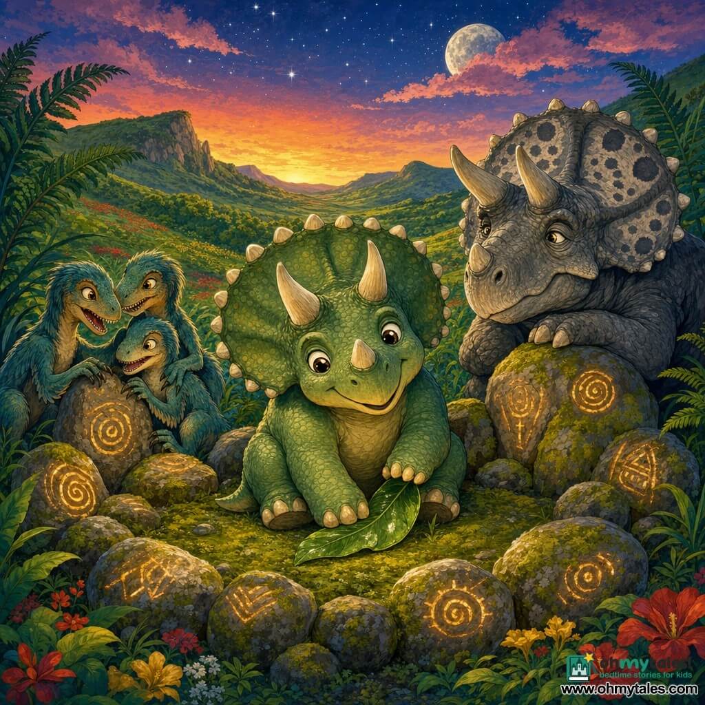 A chubby young triceratops with pale green scales and cream horns sits at the center of a mossy stone circle, smiling with curious eyes and one foot on a shiny leaf; a small group of blue‑green juvenile velociraptors frolic and nestle against the stones to his left, laughing and whispering; Old Saurus, a broad wrinkled elder with a mottled gray frill, stands back to the right leaning on a large rock, watching fondly; Greencrest Valley stretches behind with emerald tall grass, gentle hills, red and yellow flowers and waving giant ferns; the stones, marked with ancient striations and lichens, emit a warm protective glow; dusk fades from deep orange to starry blue with a pale moon partly veiled by pink clouds; overall the dinosaurs rest peacefully in the luminous circle, sharing a safe, warm, gentle moment.