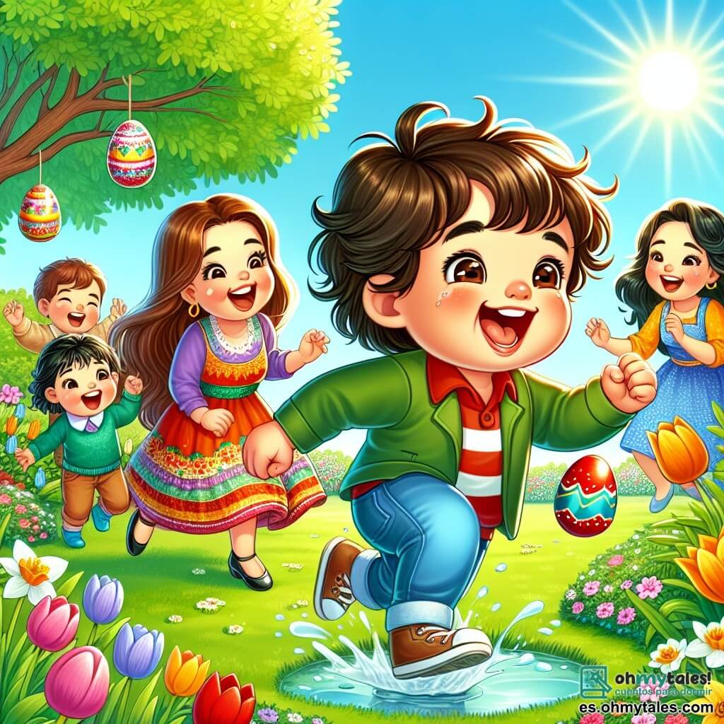 Un niño de 2 años, Pepito, con cabello castaño desordenado y ojos brillantes de alegría, salta en un jardín verde, riendo al descubrir un huevo de Pascua rojo escondido detrás de un arbusto. A su lado, su mamá, una mujer sonriente de unos 30 años con largo cabello castaño y un vestido colorido, lo anima desde un poco más atrás. El jardín está lleno de flores vibrantes, como tulipanes y narcisos, y un gran árbol frondoso proporciona sombra. El sol brilla en un cielo azul claro, creando una atmósfera alegre. Pepito, emocionado, salta sobre un pequeño charco, mientras sus amigos, Ana y otros niños, lo aplauden y ríen, compartiendo un momento de felicidad durante la búsqueda de huevos de Pascua.