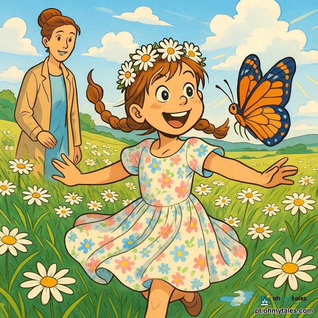 Menina de 8 anos, alegre e maravilhada, cabelos castanho-claro em tranças ao vento, olhos grandes, vestido leve floral e coroa de margaridas, dança girando no centro de uma pradaria; à esquerda e um pouco recuada, mãe sorridente (30–35 anos), cabelo em coque e casaco leve, observa com ternura; uma grande borboleta colorida pousa no ombro direito da menina com asas laranja e azul; a pradaria é um tapete de margaridas brancas e amarelas, ervas altas ondulando, algumas poças refletindo o céu, colinas suaves ao longe e céu azul com nuvens fofas e raios dourados, cena de celebração da primavera, cores vivas, traço claro e estilo quadrinho europeu.
