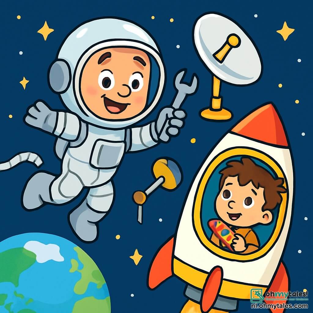 Een mannelijke astronaut, meneer Sam, zweeft vrolijk in de ruimte, gekleed in een glanzend zilveren ruimtepak, met een grote glimlach op zijn gezicht. Zijn ogen stralen van opwinding terwijl hij een gereedschap in zijn hand houdt, klaar om een antenne te repareren. Noa, een jongen van ongeveer 8 jaar, wordt weergegeven op een controlepaneel in de cabine van de raket, met rommelig bruin haar en nieuwsgierige ogen. Hij kijkt bewonderend naar de astronaut, terwijl hij een klein raketvormig speeltje in zijn handen houdt. De scène speelt zich af in de uitgestrektheid van de ruimte, met een fonkelende sterrenhemel en de blauwe en groene aarde in de verte, omringd door witte wolken. Meneer Sam is bezig de antenne van zijn raket te repareren, zwevend in de ruimte, terwijl Noa hem enthousiast aanmoedigt vanuit de cabine, wat een sfeer van avontuur en kameraadschap creëert.