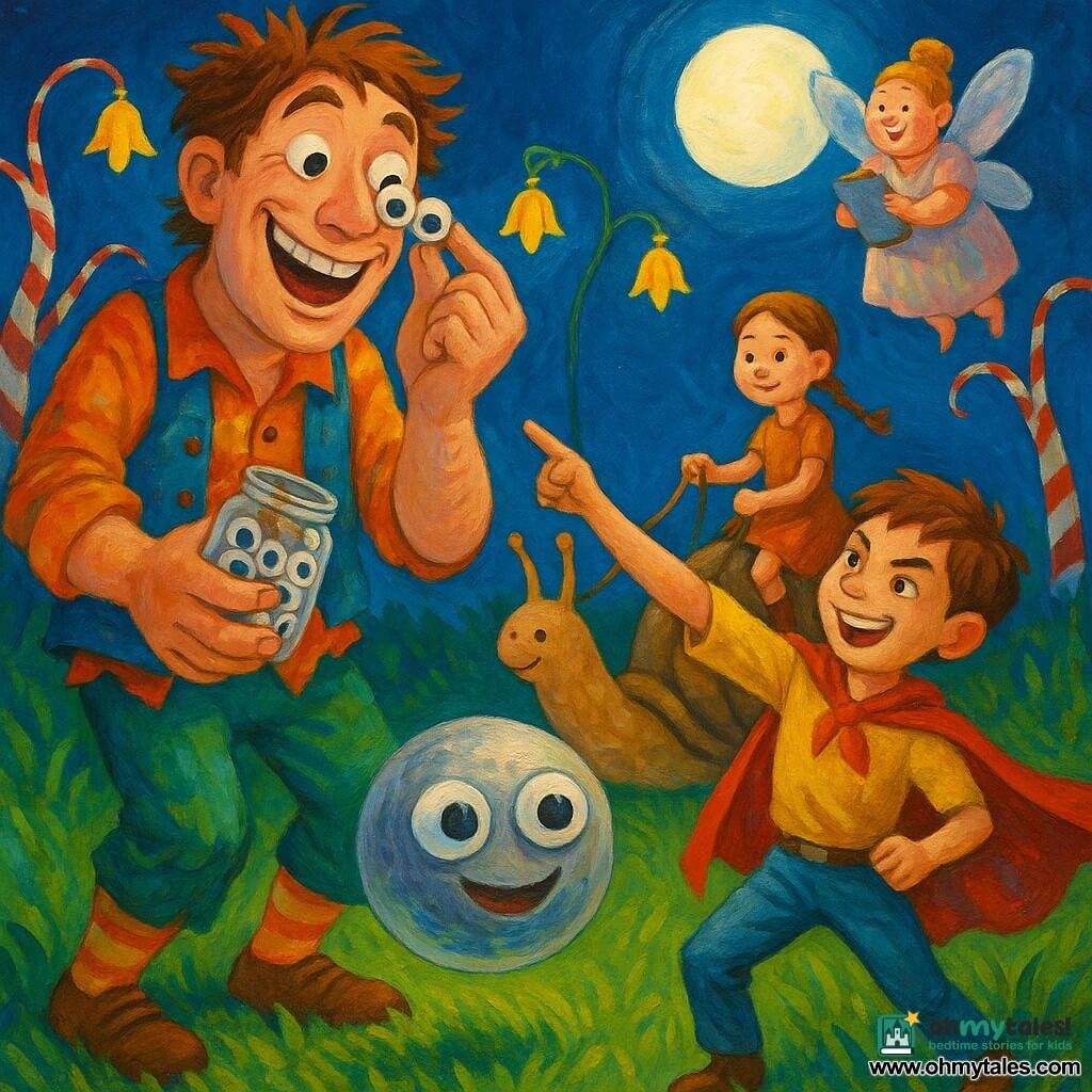Giant Barnaby (man) very tall with a wide smile and twinkling eyes, creamy skin, messy hair, wearing colorful too-small clothes, holding a jar of googly eyes and sticking a funny pair to his cheek while laughing; a boy with a cape (≈8) with a round face and short brown hair, heroic mischievous expression, standing near Barnaby pointing at the Moonball and laughing; a girl riding a snail (≈10) with braided hair and a simple skirt, calm patient expression, slightly behind on a large snail; the mayor-fairy (woman) small and round with translucent wings, a pastel dress and shiny clipboard, floating above applauding and smiling; the Moonball a large silver sphere with two big glued googly eyes, bouncing at the center of a circle with a shiny surface and moonlike reflections; a bouncy-grass meadow green and springy, grass bending like springs, red-and-white striped candy-cane trees, hanging yellow flower lanterns, deep-blue night sky with a large round moon; overall a joyful moonlit gathering with varied-size characters in a circle, the Moonball bouncing at center, lots of laughter, dynamic movement, vivid colors and contrasting textures.