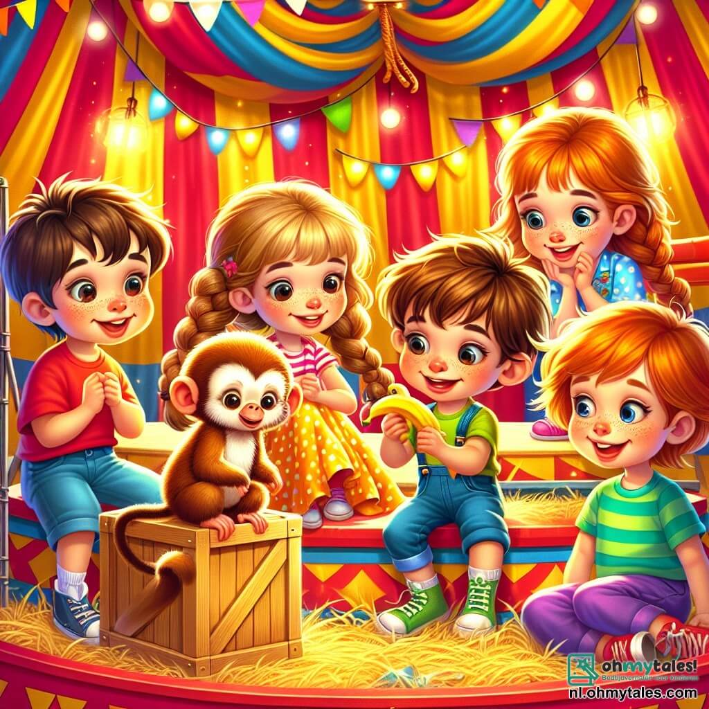 In een kleurrijke hoek van de circus zijn vier kinderen druk in de weer: Tom, een 8-jarig jongetje met rommelig bruin haar, draagt een rood t-shirt en een blauwe short en houdt een banaan vast, zijn ogen glinsteren van opwinding. Lisa, een 7-jarig meisje met lange gevlochten blonde haren, is gekleed in een gele stippenjurk en lacht vrolijk, klaar om haar vrienden te helpen. Bas, een 9-jarige jongen met een bril en kastanjebruin haar, draagt een groene trui en een spijkerbroek en kijkt aandachtig naar Bongo, de schattige kleine aap die op een houten kist zit. Fleur, een 8-jarig meisje met rood haar en sproeten, is gekleed in een roze t-shirt en paarse broek en verstopt zich achter een hooihoop, klaar om Bongo te verrassen. De omgeving is een levendig circus met rood-gele gestreepte tenten, fonkelende lichten en posters van shows overal. De kinderen bieden een tros bananen aan Bongo, die nieuwsgierig dichterbij komt, zijn ogen vol ondeugd. De kinderen zijn ongeduldig en lachen terwijl Bongo, geïntrigeerd, naar het voedsel toe komt.