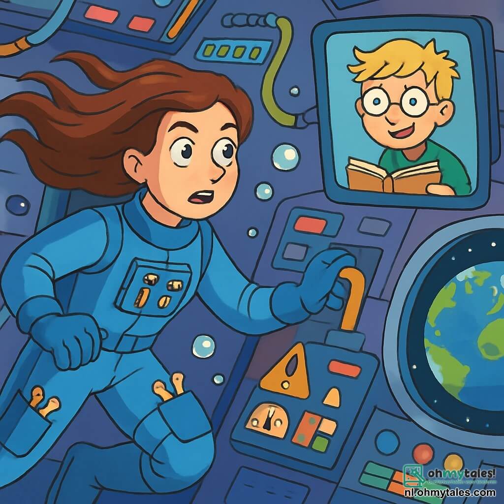 Een vrouwelijke astronaut, genaamd Eva, zweeft in een ruimteschip, haar bruine haar drijft om haar heen als zeewier in het water. Ze draagt een blauwe ruimtepak, met zakken vol glanzende kleine gereedschappen, en haar gezicht toont intense concentratie gemengd met een vleugje opwinding. Naast haar verschijnt een tienjarige jongen, Sam, op een controlepaneel, met rommelig blond haar en ronde bril. Hij glimlacht, zijn ogen sprankelend van enthousiasme, terwijl hij een klein notitieboekje vasthoudt om aantekeningen te maken van wat hij observeert. Het ruimteschip is gevuld met heldere controlepanelen, kleurrijke kabels en ramen die een spectaculair uitzicht op de aarde bieden, die straalt als een blauwe en groene bal in de zwarte uitgestrektheid van de ruimte. De hoofdscène toont Eva die een knipperend dashboard onderzoekt, met alarmen die afgaan, terwijl ze met Sam overlegt om een dringend probleem met het zuurstofsysteem op te lossen. Luchtbellen drijven om hen heen, wat een speelse toets aan deze ruimte-avontuurlijke scène toevoegt.