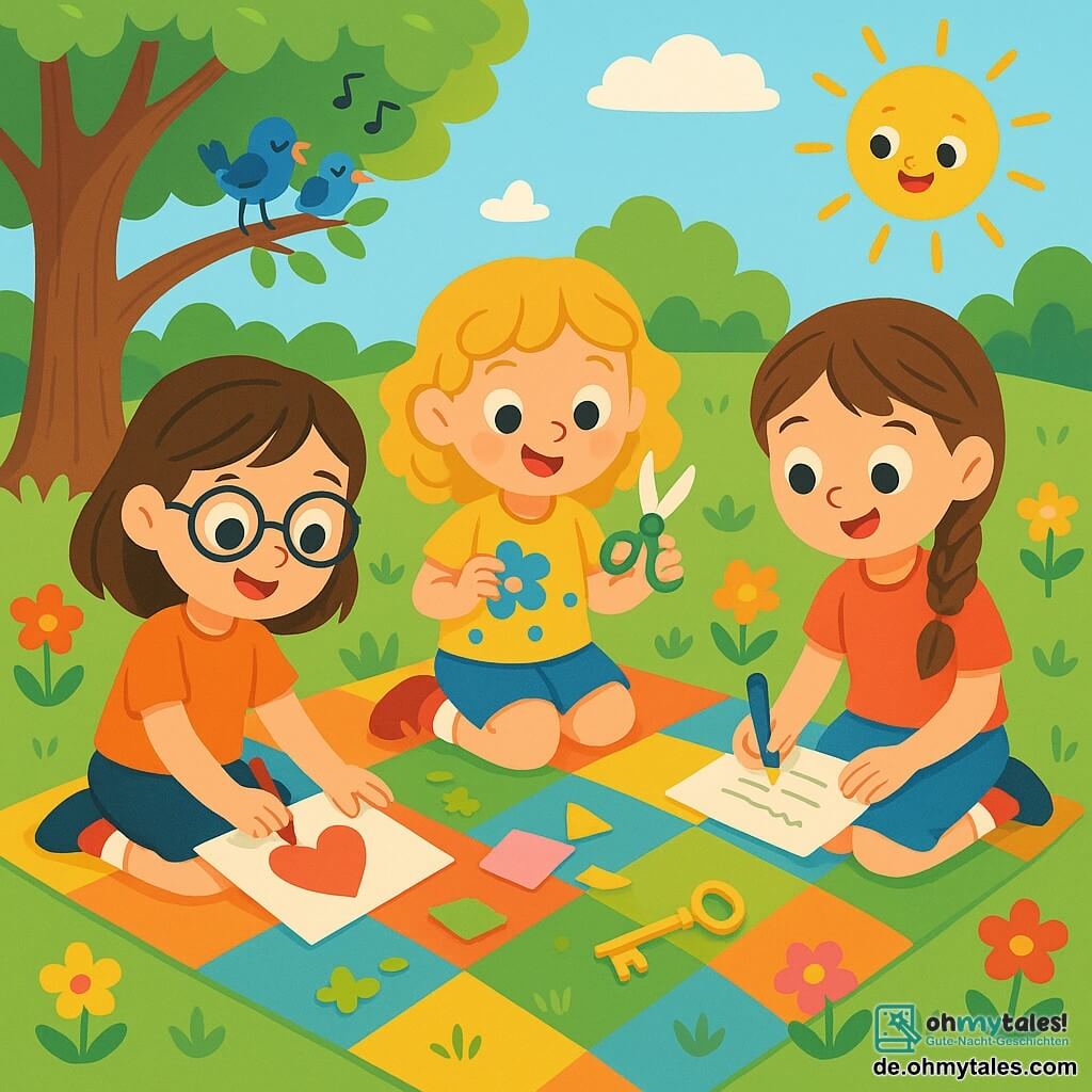 Drei Mädchen, Mia, Leni und Sara, acht Jahre alt, sitzen auf einer großen bunten Decke in einem sonnigen Park. Mia mit braunen Haaren und einer Brille zeichnet ein rotes Herz auf eine Karte. Leni mit lockigem blondem Haar schneidet mit bunten Scheren Papierformen aus, während Sara mit braunen Haaren und einem Zopf süße Nachrichten auf eine Karte schreibt. Sie sind von bunten Blumen umgeben, die gerade zu blühen beginnen, und Vögel singen in den Bäumen. Der Park ist grün, mit einem großen majestätischen Baum im Hintergrund, dessen Äste sich wie einladende Arme ausbreiten. Der Himmel ist strahlend blau, mit einigen flauschigen weißen Wolken, und die Sonne scheint fröhlich, was eine warme und festliche Atmosphäre schafft. Die drei Freundinnen entdecken einen kleinen, glitzernden Schlüssel im Gras, was sie mit Aufregung und Neugier erfüllt. Sie schauen sich mit funkelnden Augen an, bereit, sich auf das Abenteuer zu begeben, um das Geheimnis zu entdecken, das er enthüllen könnte.