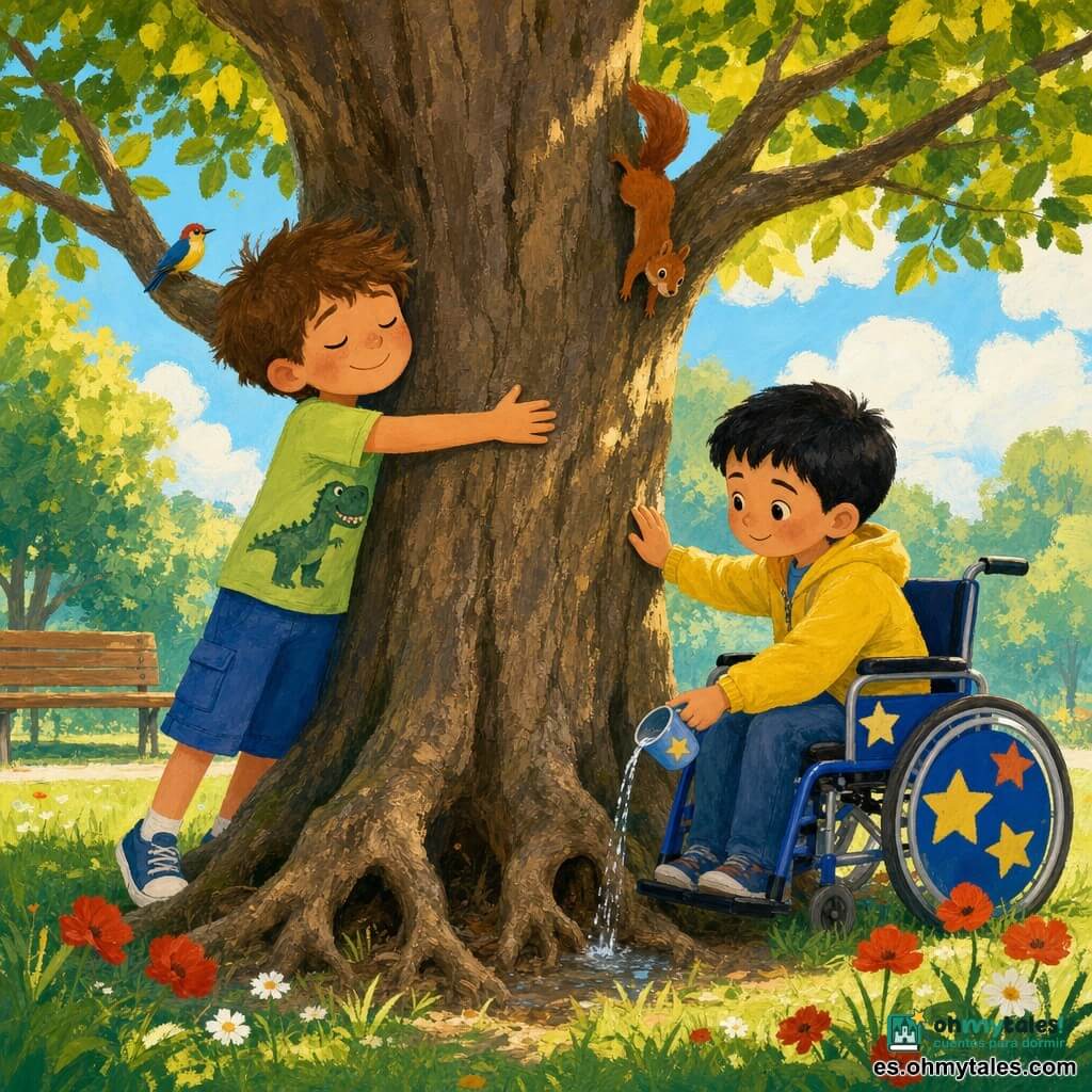 Hay dos niños: Mateo, unos 7 años, pelo castaño despeinado, camiseta verde claro con dinosaurio y pantalones cortos azules, a la izquierda del tronco grande abrazándolo con los ojos cerrados y sonriendo; Simón, unos 7 años, pelo negro corto, chaqueta amarilla, sentado en una silla de ruedas azul con pegatinas de estrellas a la derecha del tronco y un poco adelantado, toca la corteza con una mano y con la otra vierte un pequeño vaso de agua en la base del árbol. Escenario: parque de día, hierba verde con flores silvestres rojas y blancas, gran árbol de tronco ancho y agrietado con raíces visibles que forman pequeñas cavidades, banco de madera al fondo, cielo azul pálido con nubes blancas, luz dorada del sol filtrándose entre las hojas; estilo gouache con texturas de pincel visibles y colores ligeramente granulados. Situación: gesto de gratitud hacia el árbol —uno lo abraza, el otro riega la base—, una ardilla curiosa baja de una rama y un pájaro colorido se posa en una rama baja; composición cálida, expresiones suaves y ambiente tranquilo y amable.