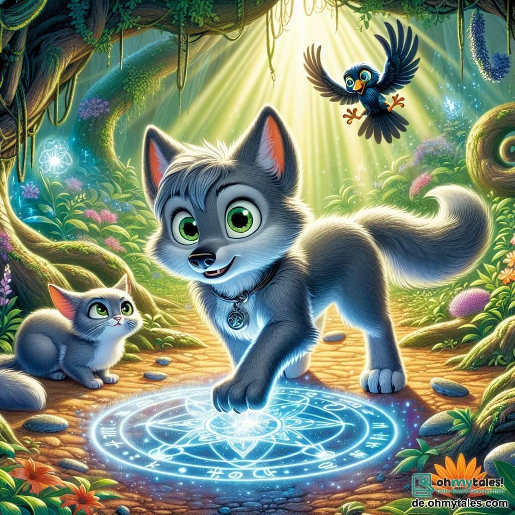Felix, ein junger Wolf mit funkelnden Augen und grauem, verschwommenem Fell, steht im Mittelpunkt des Bildes und zeigt einen Ausdruck von Entschlossenheit und Aufregung. Er legt eine Pfote auf ein leuchtendes magisches Symbol am Boden, umgeben von einer strahlenden Aura. Rechts von ihm beobachtet Luna, eine elegante Katze mit schwarzem Fell und leuchtend grünen Augen, neugierig mit einem Ausdruck ruhiger Weisheit. Links fliegt Max, ein kleiner Krähe mit glänzend schwarzen Federn, kreisend über ihnen, sein schelmischer Blick verrät seine Begeisterung für das Abenteuer. Der Ort ist ein alter geheimer Garten, überwuchert von üppigen Pflanzen und bunten Blumen, mit knorrigen Bäumen, die eine geheimnisvolle Atmosphäre schaffen. Sonnenstrahlen filtern durch das Laub und beleuchten das magische Symbol, das im Zentrum der Szene blau pulsiert. Die Hauptsituation zeigt Felix, Luna und Max vereint in ihrem Bestreben, die magische Barriere der Stadt wiederherzustellen, während ein kleiner schelmischer Kobold mit leuchtenden Augen und einem schelmischen Lächeln sie mit einer Mischung aus Freude und Schuldgefühlen beobachtet, bereit, ihnen zu helfen, seinen Fehler zu beheben.