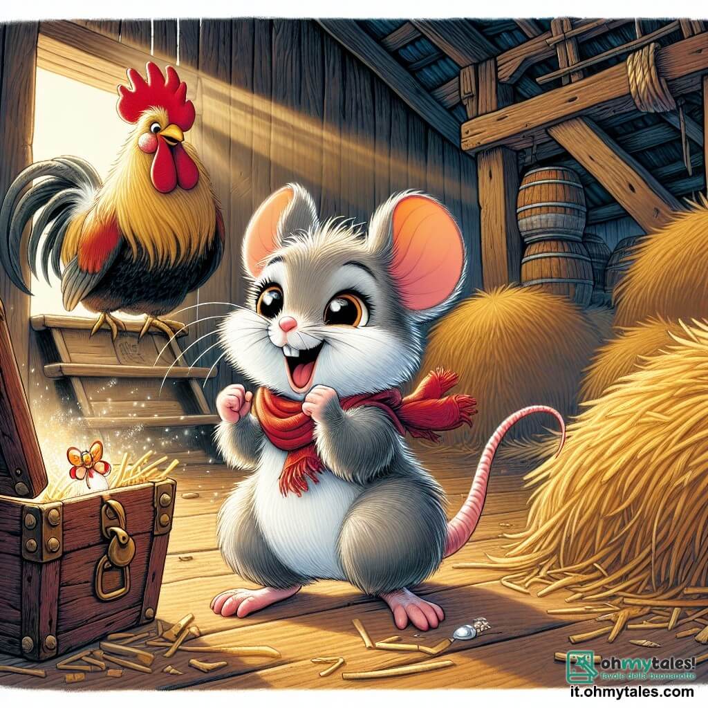 Una piccola topolina di nome Mimi, con un morbido pelo grigio e occhi scintillanti di curiosità, si trova al centro della scena, saltellando di gioia con un grande sorriso sul viso. Indossa un piccolo foulard rosso attorno al collo e i suoi baffi tremano di eccitazione mentre scopre un vecchio baule di legno pieno di tesori luccicanti. Accanto a lei, Giuseppe il gallo, un uccello dalle piume dorate e dalla cresta flamboyante, si erge fiero, osservando la topolina con uno sguardo ammirato, mentre batte le ali per esprimere il suo entusiasmo. Sullo sfondo, Rosetta la pecora, una dolce pecorella dal pelo lanoso e dai grandi occhi teneri, guarda con curiosità, le orecchie drizzate, mentre si avvicina per vedere cosa ha trovato Mimi. La scena si svolge in un vecchio fienile, pieno di balle di fieno dorate, travi di legno rustiche e raggi di luce che filtrano attraverso le fessure delle pareti, creando un'atmosfera calda e accogliente. Al centro, il baule di legno, leggermente aperto, lascia intravedere monete brillanti e oggetti misteriosi, mentre l'eccitazione della scoperta aleggia nell'aria.