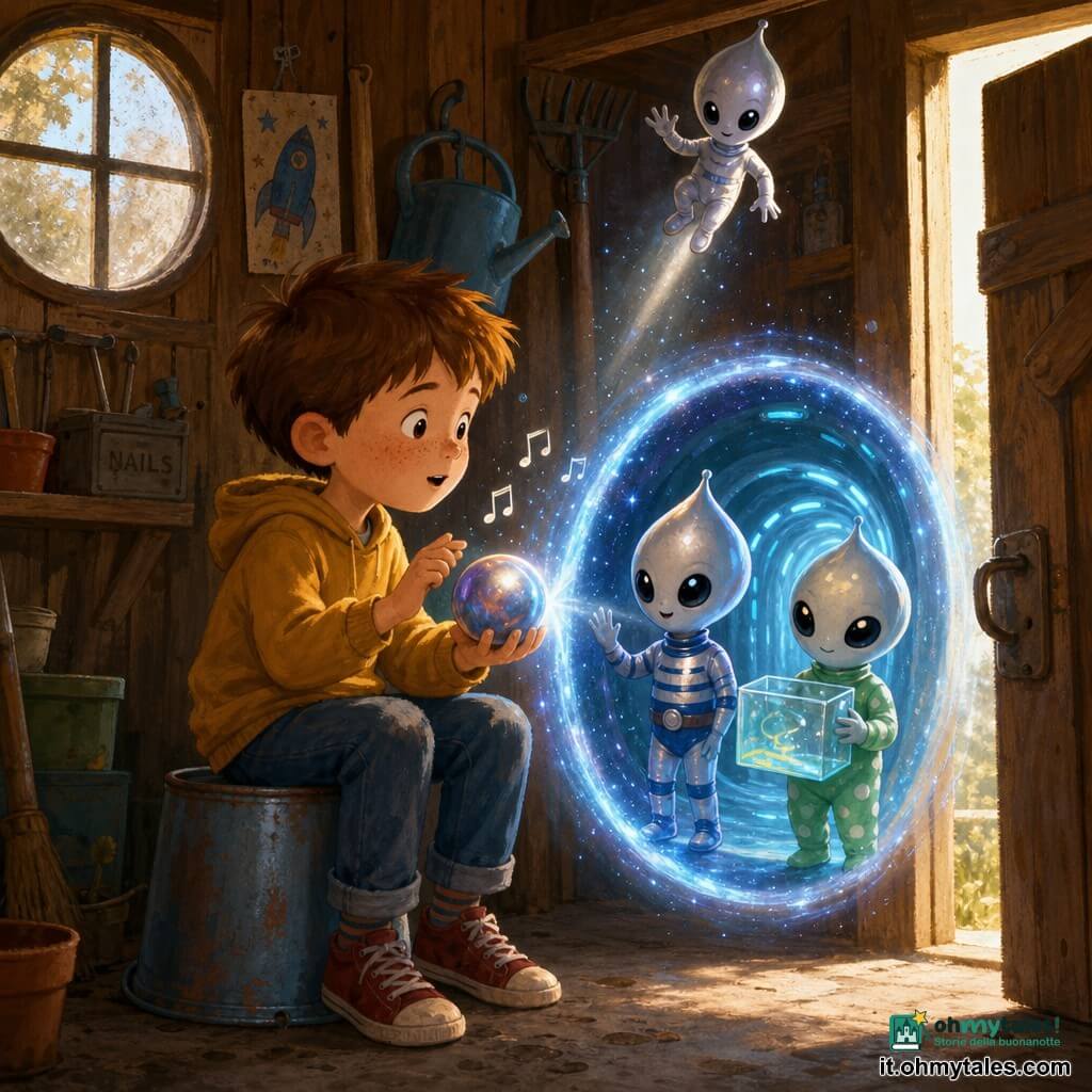 Un bambino di 6 anni dal viso rotondo e lentiggini, capelli castano corti e spettinati, espressione meravigliata e dolce, tiene con entrambe le mani una piccola sfera metallica iridescente seduto su un secchio rovesciato sul pavimento del capanno; un minuscolo alieno bambino alto quanto una mano, testa a goccia e grandi occhi neri come bottoni, tuta argentata liscia, fluttua leggermente su un filo di luce vicino al soffitto salutando; altri due piccoli alieni appaiono nel tunnel luminoso, uno con tuta a righe blu e argento e l'altro a pois verdi, tengono una scatola trasparente con una luce liquida che cambia forma; il capanno di legno è intimo e caldo, assi chiaro-marroni, finestra rotonda impolverata, attrezzi appesi (rastro, annaffiatoio blu, scatola di chiodi), pavimento in cemento con macchie di terra e un raggio di luce dalla porta socchiusa; scena principale: il bambino canta piano la «canzone cosmica» battendo il ritmo su una cassa, la sfera vibra e apre davanti alla porta un piccolo portale circolare di luce stellata, il tunnel mostra toni azzurri e argento, atmosfera di sorpresa amichevole e magia intima.