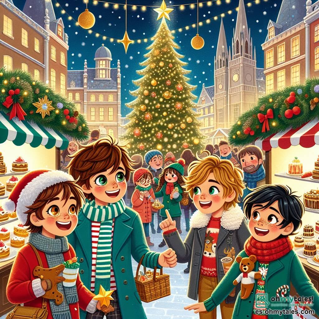 En un animado mercado navideño, cuatro amigos están juntos, rodeados de luces brillantes y decoraciones festivas. **Pablo**, un chico de 12 años con cabello castaño y ojos chispeantes, lleva un abrigo rojo y una bufanda a rayas. **Lucas**, también de 12 años, tiene el cabello rubio desordenado y una gran sonrisa traviesa, viste una chaqueta azul y un gorro navideño. **Sofía**, con largos cabellos rizados, lleva un suéter verde con un reno y sostiene un pequeño saco de caramelos, mirando asombrada el gran árbol de Navidad. **Javier**, con cabello negro y gafas, viste un abrigo gris y una bufanda roja, sosteniendo un juguete de madera. El mercado está decorado con guirnaldas luminosas y stands coloridos que venden dulces y bebidas calientes. En el centro, un enorme árbol de Navidad brilla, rodeado de familias y niños que ríen y cantan. Los amigos buscan un adorno especial para un concurso, riendo y disfrutando de la magia navideña que los rodea.