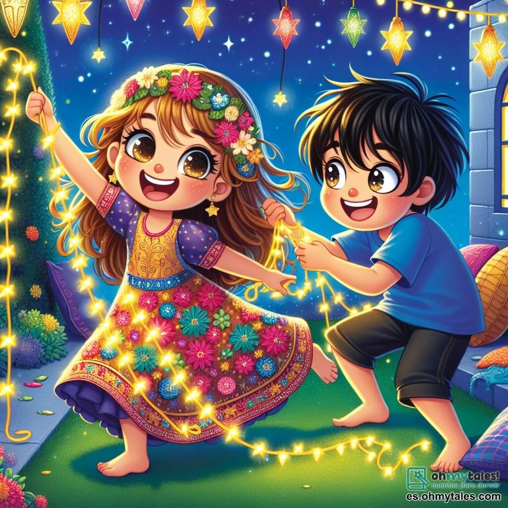 Una niña de 8 años, llamada Sofía, con largos cabellos castaños y ojos llenos de curiosidad, sonríe alegremente mientras sostiene una guirnalda de luces doradas. Lleva un vestido colorido con motivos florales, y su rostro irradia emoción y felicidad. A su lado, Samir, un niño de 8 años con cabello negro y ojos vivos, la ayuda a colgar estrellas de papel en una pared. Lleva una camiseta azul y un pantalón corto, y sonríe con entusiasmo, compartiendo este momento especial. Sus rostros están iluminados por las luces centelleantes que los rodean. La escena tiene lugar en el jardín de una casa decorada para el Ramadán, con linternas coloridas colgadas de los árboles y cojines suaves dispuestos sobre la hierba verde. El cielo es de un azul profundo, salpicado de nubes blancas esponjosas, y flores multicolores bordean el camino. Sofía y Samir trabajan juntos, riendo y animándose mutuamente, creando una atmósfera alegre y festiva mientras preparan la decoración para la celebración del Ramadán.
