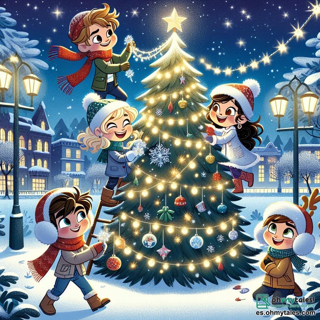 En un parque nevado, cuatro amigos se reúnen alegremente alrededor de un gran árbol de Navidad. Marco, un niño de 10 años con cabello castaño y una bufanda roja, sonríe sosteniendo una guirnalda brillante. A su lado, Lucía, una niña de 9 años con cabello rubio y un abrigo azul brillante, ríe mientras cuelga un adorno hecho a mano. Diego, un niño de 7 años con orejeras gigantes, observa maravillado las luces que brillan a su alrededor. Finalmente, Ana, una niña de 8 años con un sombrero de reno, está sentada en una rama baja del árbol, colocando una estrella dorada en la cima. El parque es mágico, cubierto de un espeso manto de nieve brillante bajo un cielo estrellado, donde los copos de nieve caen suavemente. El árbol de Navidad, majestuoso, está decorado con guirnaldas luminosas y adornos coloridos, iluminando el paisaje con un suave resplandor dorado. Los niños decoran el árbol juntos, riendo y compartiendo momentos de alegría, mientras un pequeño duende, Tintín, los observa con una sonrisa cómplice, listo para revelarles la magia de la Navidad.