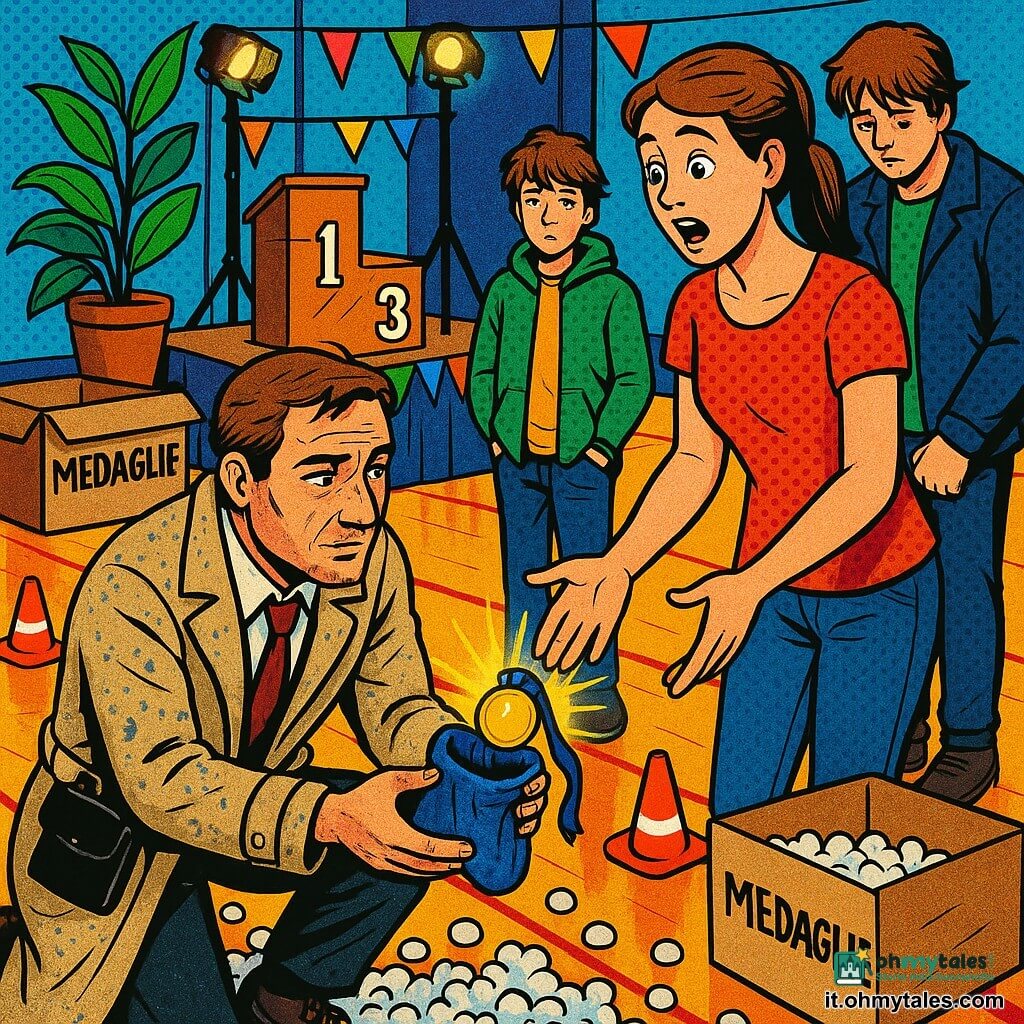 Un detective di circa quarant'anni, volto segnato, impermeabile beige bagnato, si inginocchia e tira fuori da tra polistirolo un piccolo sacchetto di velluto blu, taccuino nero alla cintura; Marta, circa 32 anni, capelli castani raccolti, commossa e sorpresa, tende la mano verso la medaglia davanti al podio; Tommaso, adolescente di circa 13 anni, capelli castani scomposti, mani in tasca, colpevole ma sollevato, in leggero ritardo accanto a una scatola; Luca, adulto di circa 30 anni, sfinito e vergognoso, giacca informale, vicino a Marta a testa bassa e mani strette; ambiente: piccola palestra comunale con parquet lucido bagnato dalla pioggia, coni arancioni, podio di legno, pianta finta in vaso, scatole etichettate MEDAGLIE, bandierine colorate e luci alogene; momento: rivelazione — il detective mostra il sacchetto blu nascosto nella decorazione del podio, la medaglia brillante esce dal velluto, i personaggi si raccolgono in un'atmosfera tesa ma rasserenata.