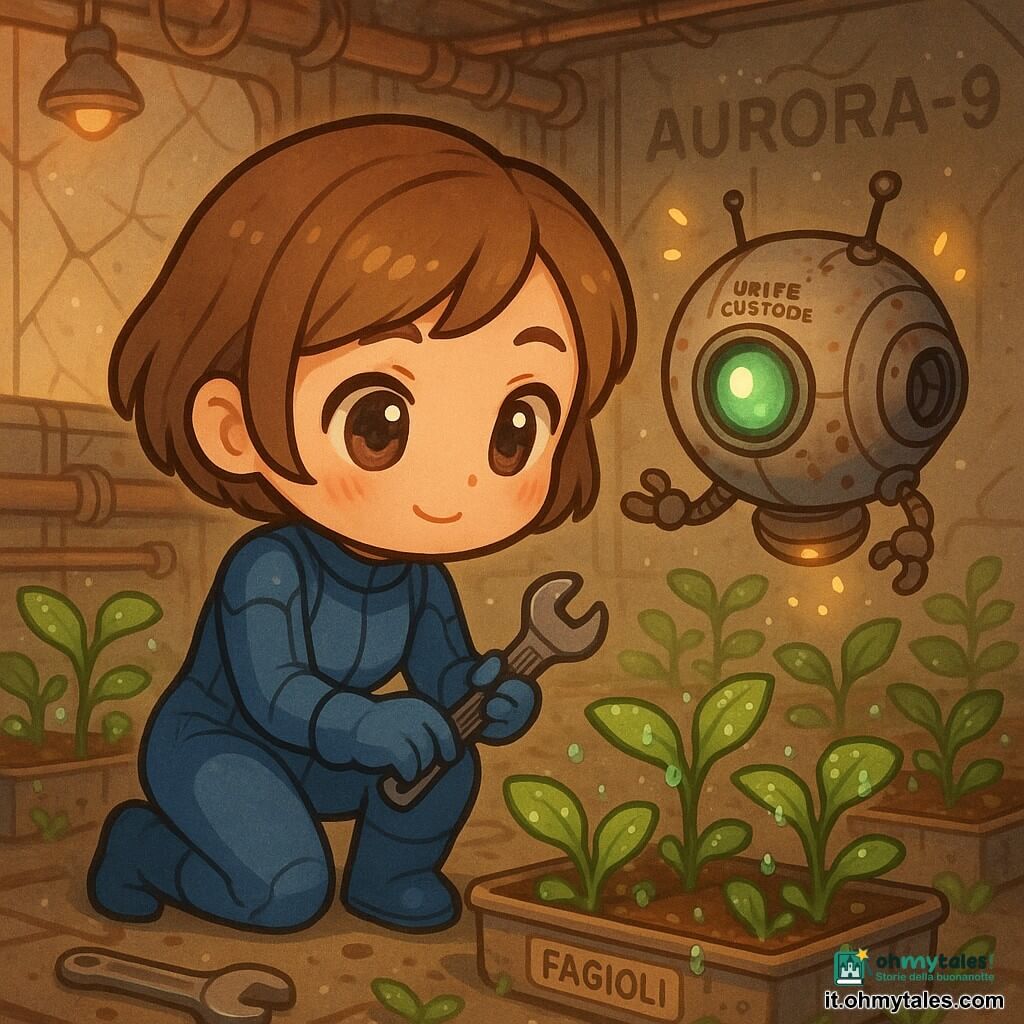 Una donna pilota dal viso dolce e determinato, capelli corti castano chiaro, in tuta spaziale blu aderente, inginocchiata a riparare una piccola pompa con una chiave, espressione concentrata ma rassicurante e postura calma; accanto a lei un robot "Unità Custode" rotondo e flottante con scocca metallica consumata, una lente luminosa verde e braccia articolate che osserva emettendo piccole scintille amichevoli; diversi germogli di fagioli in vasi rettangolari, foglie fragili e umide; serra interna di AURORA‑9, grande volume ingombro, pannelli trasparenti crepati con polvere grigia, tubi esposti e luce d'emergenza ambra con riflessi verdi sulle foglie; la pilota ripara la pompa e annaffia a mano le piantine per salvarle, atmosfera fragile ma piena di speranza, con gocce d'acqua, attrezzi posati, polvere sospesa e etichette consumate "Fagioli".