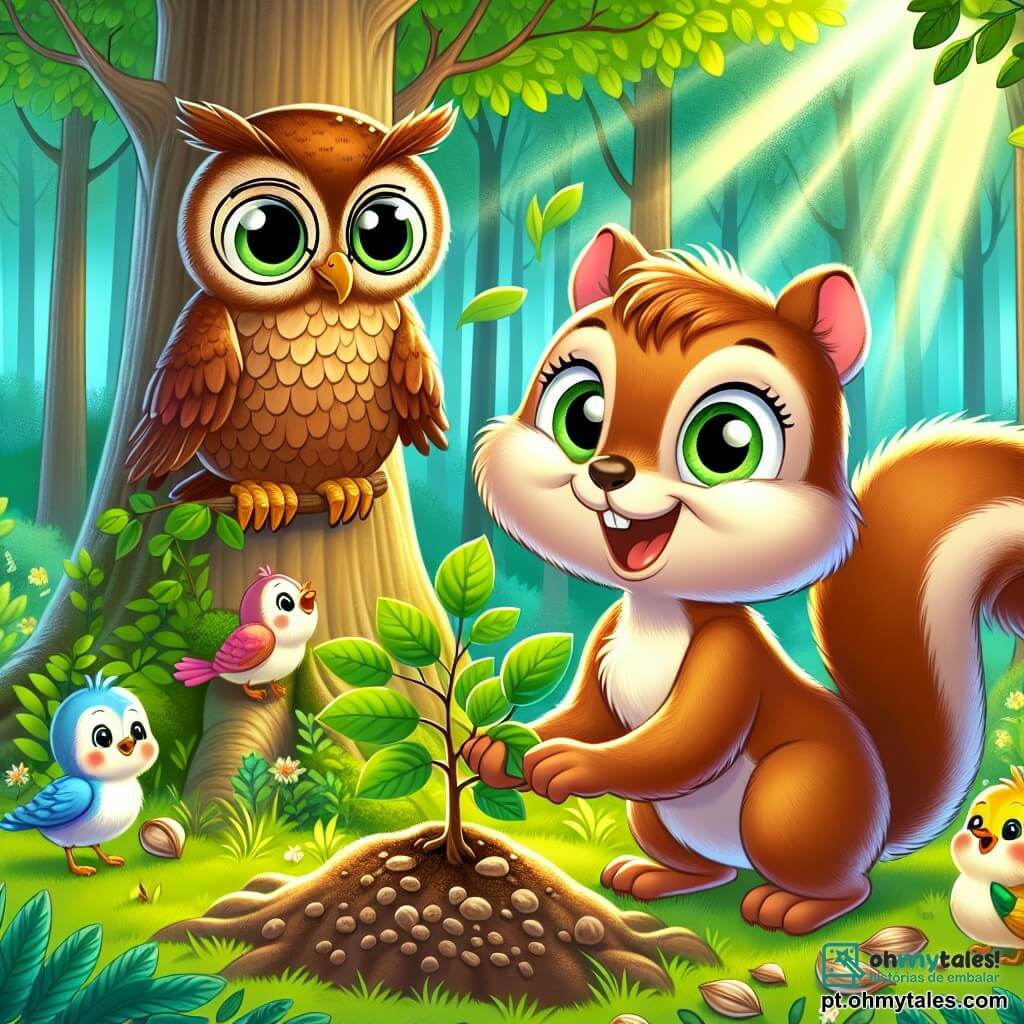 Um pequeno esquilo chamado Léo, com pelagem castanho claro e olhos brilhantes de curiosidade, está plantando uma muda de árvore em uma floresta verdejante. Ele sorri com entusiasmo e determinação. Ao seu lado, uma sábia coruja de penas marrons e óculos redondos, empoleirada em um galho, observa Léo com orgulho, seus olhos brilhando de encorajamento. Um grupo de pequenos pássaros coloridos, com penas amarelas e azuis, voa ao seu redor, cantando alegremente e trazendo sementes. A cena ocorre em uma floresta luxuriante, com grandes árvores de folhas verdes vibrantes, raios de sol filtrando através da folhagem, e um riacho cintilante ao fundo. A atmosfera é alegre e cheia de vida, simbolizando esperança e harmonia com a natureza. Léo e seus amigos mostram como se unem para plantar árvores e proteger seu habitat, ilustrando a importância de cuidar do planeta.