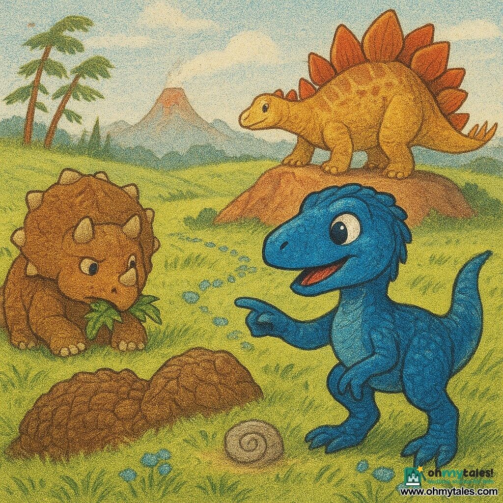 A young velociraptor named Lira, curious-faced with bright eyes and deep blue scales glittering in the sun and a light neck plume, spreads its legs and confidently points with its snout at a small gray spiral stone; to Lira's left a round, gentle juvenile triceratops named Tiko chews ferns with furrowed ears and short dirt-covered horns, a massive ankylosaurus stands just behind the stone with a brown, bark-like carapace and heavy tail on the ground watching benevolently, and a large stegosaurus guardian near a red rock in the background with red-and-gold plates silently observing from the plateau edge; the setting is a windy grassy plateau with ribbon-like grass, a line of small blue flowers like a path, smoking volcanoes on the horizon and tall pines leaning in the wind, showing Lira discovering the marker stone and guiding friends toward the found trail in a joyful, bright scene with clear composition, saturated colors and a newsprint texture.