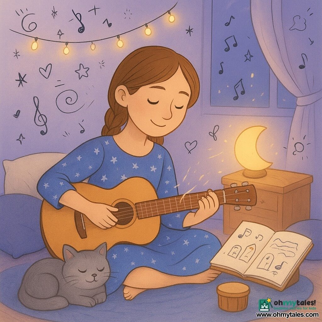 A woman with a gentle, focused face and serene smile plays a small guitar seated on a rug, wearing a blue cotton dress with star patterns and her light chestnut hair in a loose braid; a fluffy gray cat named Pebble curls beside her, half-closed eyes watching as she sings softly; an open notebook on the desk shows a hand-drawn map with three tiny stylized doors (feather, bell, wave) and scribbled music notes, while a moon-shaped lamp casts warm light; the cozy night bedroom has lavender walls, a light curtain, scattered cushions, a wooden cajon nearby and string lights with floating doodles, and the scene captures the moment the music seems to make the map vibrate, small glowing lines linking the guitar to the notebook.