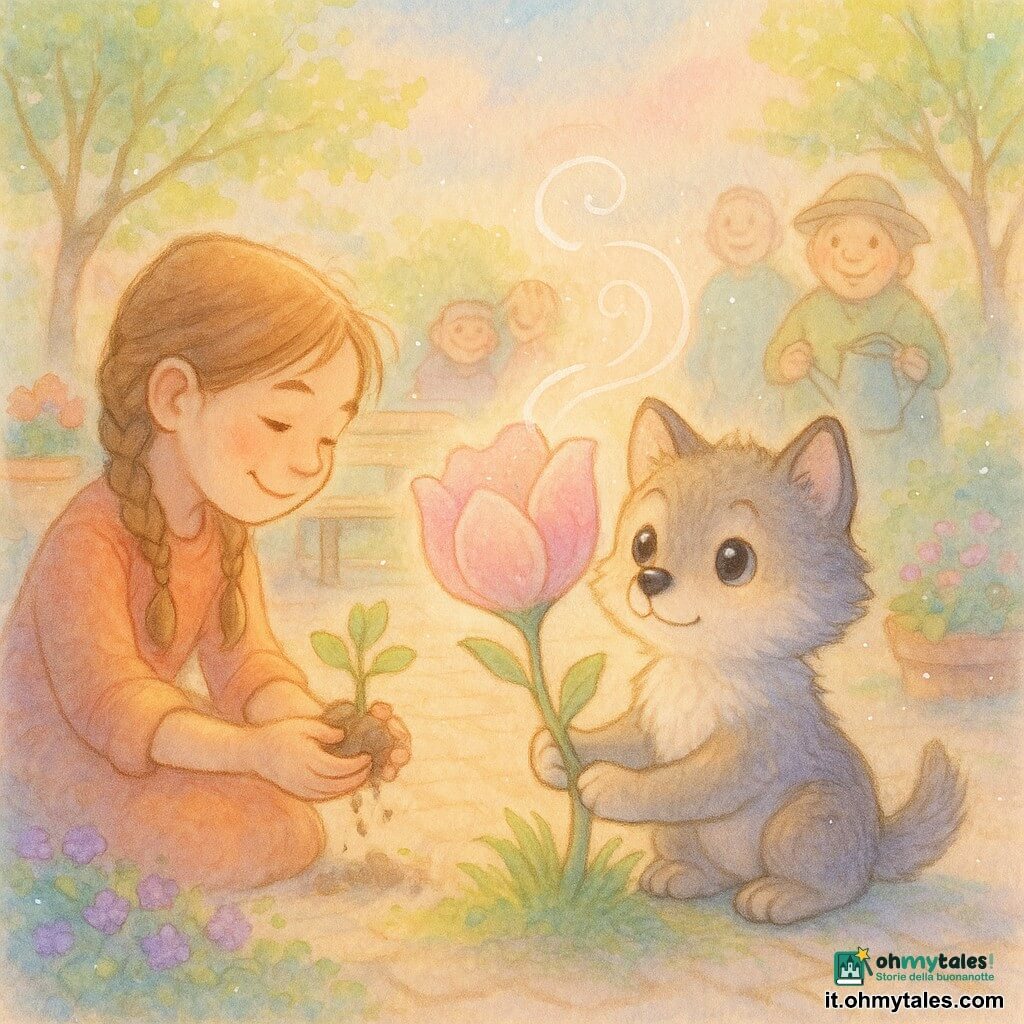 Il protagonista è un piccolo lupo infantile dal pelage morbido, viso rotondo e occhi grandi e brillanti, seduto accanto a un bocciolo divenuto grande fiore rosa e bianco che tiene delicatamente con le zampe; una bambina umana con trecce e sorriso caldo è inginocchiata a sinistra, piantando un piccolo seme con mani leggermente sporche di terra; il fiore vellutato, al centro su una zolla d'erba, emana un debole profumo; sullo sfondo villaggi e abitanti sfocati ma gioiosi osservano dalla piazza fiorita; la scena è una piazza primaverile luminosa con pavé chiaro, panchina, gerani rossi, tappeti di violette, alberi verde tenue e cielo azzurro pallido con luce dorata del mattino, che celebra la prima fioritura tra pazienza e cura condivisa.