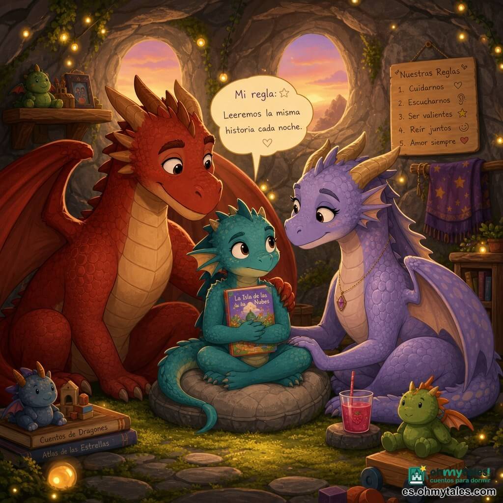 La protagonista es una pequeña dragona llamada Luz, tímida pero decidida, escamas azul verdosas brillantes y ojos grandes y húmedos, sentada con las piernas cruzadas en un cojín de piedras suaves sujetando un libro colorido contra el pecho; el padre, un gran dragón de escamas rojo cálido, mirada tierna y postura protectora agachado a la izquierda con un ala detrás de ella; la madre, dragona de escamas violeta pálido, expresión atenta, sentada a la derecha con una taza de jugo de frambuesa y la mano en la rodilla de Luz; al fondo la entrada clara de una cueva de piedra con luciérnagas doradas en las paredes, musgo en el suelo y ventanas ovales que dejan entrar una luz crepuscular naranja-rosada; la familia acuerda una regla: Luz propone leer cada noche el mismo cuento, escena íntima y cálida con gestos tiernos y el trío formando un triángulo afectuoso.