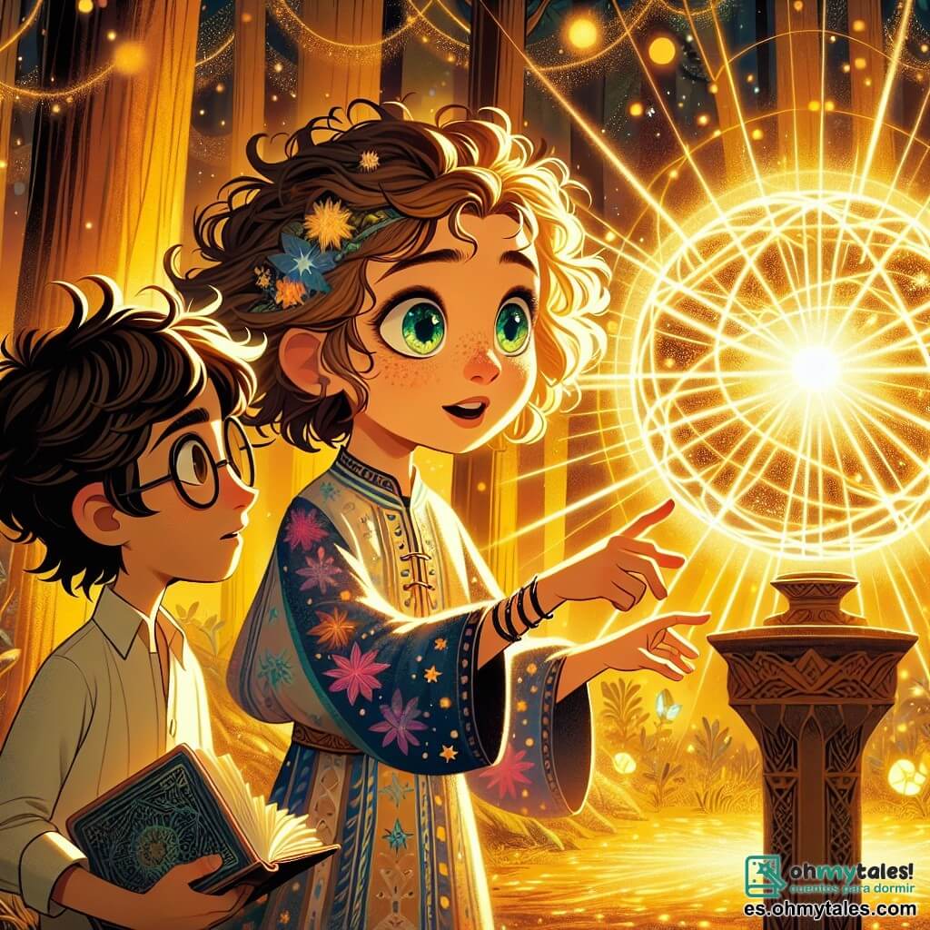 Una niña de 9 años, Luna, se encuentra al borde de una fuente luminosa brillante, con sus grandes ojos esmeralda llenos de asombro. Tiene el cabello rizado y desordenado, y lleva una túnica colorida con patrones estrellados. Sus manos están extendidas hacia la esfera luminosa, y su rostro expresa una profunda curiosidad y emoción. A su lado, un niño llamado Kai, de 10 años, observa atentamente. Tiene el cabello castaño desordenado y usa gafas redondas que le dan un aire inteligente. Sostiene un pequeño cuaderno de bocetos en una mano, anotando ideas, mientras que con la otra señala la fuente, como si quisiera entender su funcionamiento. El lugar es una clara mágica, bañada en luz dorada, rodeada de árboles con troncos brillantes y flores luminosas que bailan al viento. La fuente es una esfera de energía pulsante, emitiendo destellos de colores vivos que iluminan el paisaje. La escena principal muestra a Luna y Kai, maravillados, interactuando con la Fuente de Luz Eterna, buscando comprender su poder místico mientras sienten la magia que los rodea.