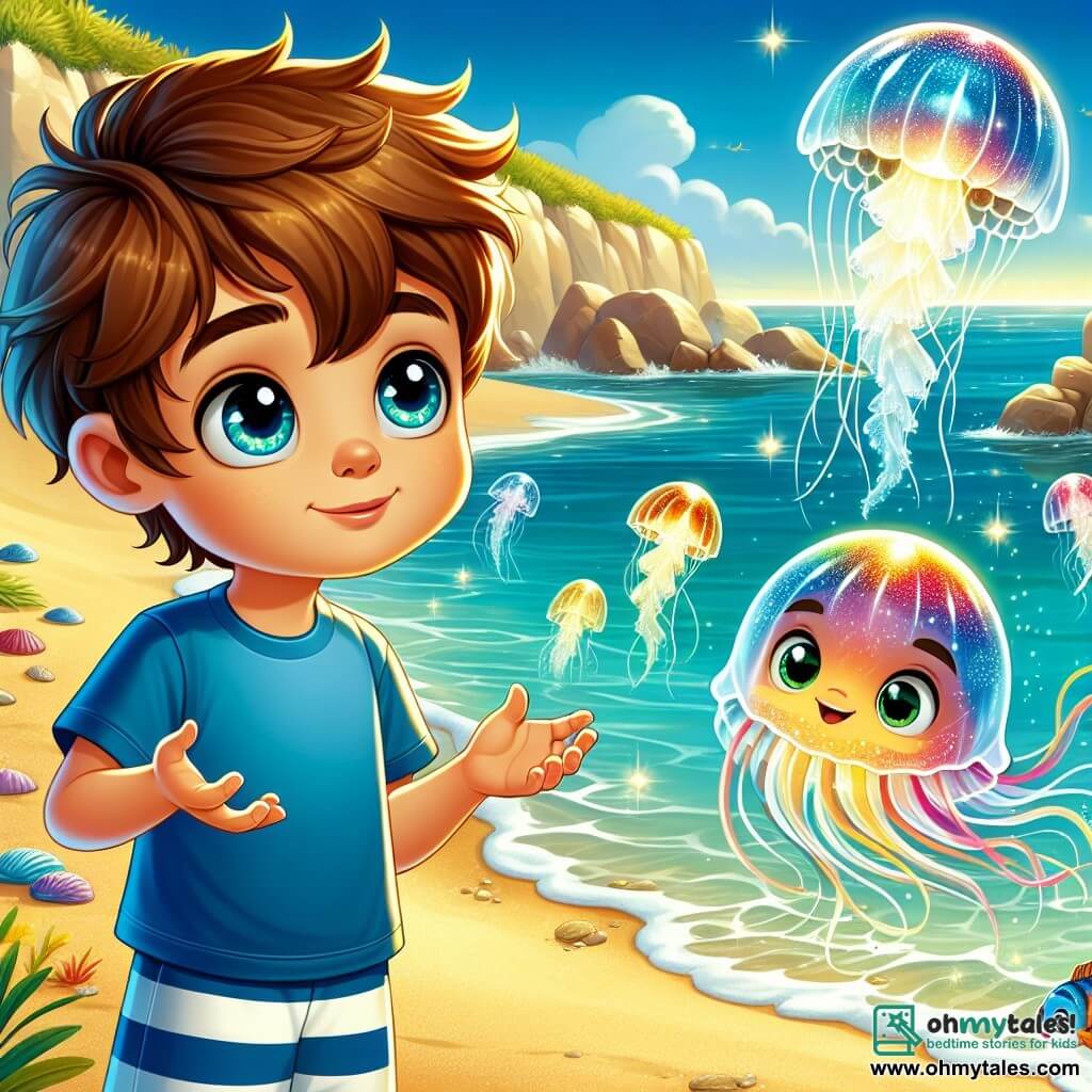 A 6-year-old boy named Max, with messy brown hair and sparkling eyes full of curiosity, stands at the edge of a golden beach. He wears a blue t-shirt and striped shorts, with a big, amazed smile on his face. Max is watching glowing jellyfish floating in the water, his arms raised in joy. Next to him, a colorful fish named Fins, with shimmering scales of all colors, swims happily in the clear water. Fins has a friendly and curious expression, circling around Max as if inviting him to follow. The scene takes place on a sunny beach with gentle waves lapping at the fine sand. In the background, there are rocks covered in shells and a bright blue sea dotted with the small shining lights of jellyfish. The main focus shows Max, in awe, discovering the glowing jellyfish while Fins encourages him to explore this magical underwater world.