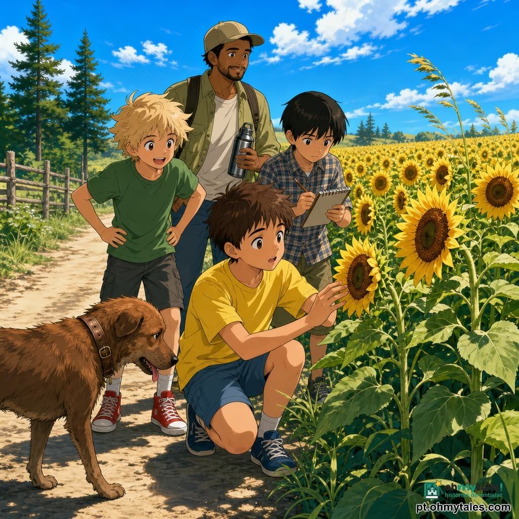 Há 5 personagens: Tomás, 11 anos, cabelo castanho curto, camiseta amarela e calções azuis, ao centro tocando suavemente um girassol com olhar maravilhado; Rui, 11 anos, cabelo preto liso, camisa aos quadrados e caderno na mão esquerda, à direita de Tomás, um pouco recuado, anotando com expressão concentrada; Léo, 11 anos, cabelo loiro desalinhado, camiseta verde e ténis vermelhos, à esquerda de Tomás, mãos na cintura, sorriso surpreso e postura entusiasmada; Tio Paulo, homem cerca de 35 anos, barba rala, boné e jaqueta kaki, segura uma garrafa de água e está ligeiramente atrás das crianças com atitude protetora; um cão perdido de porte médio, pelo castanho-avermelhado e coleira gasta, língua de fora e postura hesitante, junto ao caminho de terra voltado para as crianças. Local: grande campo de girassóis no verão, fileiras altas de flores amarelas com centros castanhos, caminho de terra na borda, céu azul claro, brisa leve que dobra as hastes, sombras longas, alguns pinheiros e uma velha cerca de madeira ao longe. Situação: os três rapazes descobrem o vasto campo e avistam o cão perdido à beira do caminho; estão calmos e atentos, o adulto mantém postura tranquilizadora atrás; ambiente suave e luminoso, cores quentes e contrastes claros, expressões de admiração e cuidado.