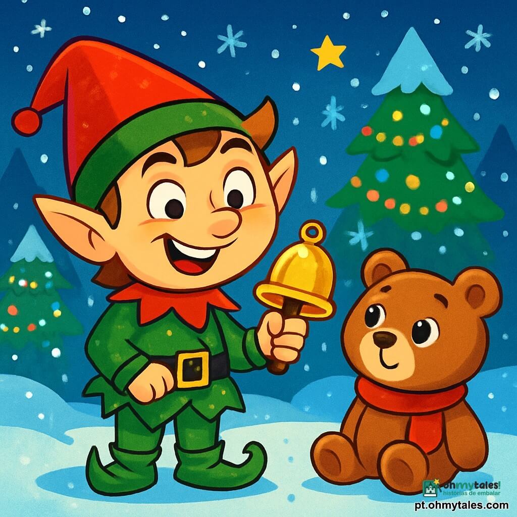 Um pequeno duende travesso, com um chapéu pontudo vermelho e roupas verdes decoradas com brilhos, sorri maliciosamente segurando um sininho dourado nas mãos. Seus olhos brilham de travessura e sua boca está esticada em um largo sorriso alegre. Ao seu lado, um urso de pelúcia, macio e redondo, com pelagem marrom e um cachecol vermelho, observa o duende com admiração, os olhos bem abertos, cheios de empolgação. A cena acontece em uma floresta encantada, onde flocos de neve caem suavemente sobre pinheiros decorados com guirlandas cintilantes. O chão está coberto por uma espessa camada de neve brilhante, e estrelas brilham no céu azul da noite. O duende travesso e o urso estão no centro da clareira, cercados por luzes coloridas, enquanto o duende se prepara para fazer soar o sininho dourado, pronto para anunciar a magia do Natal.