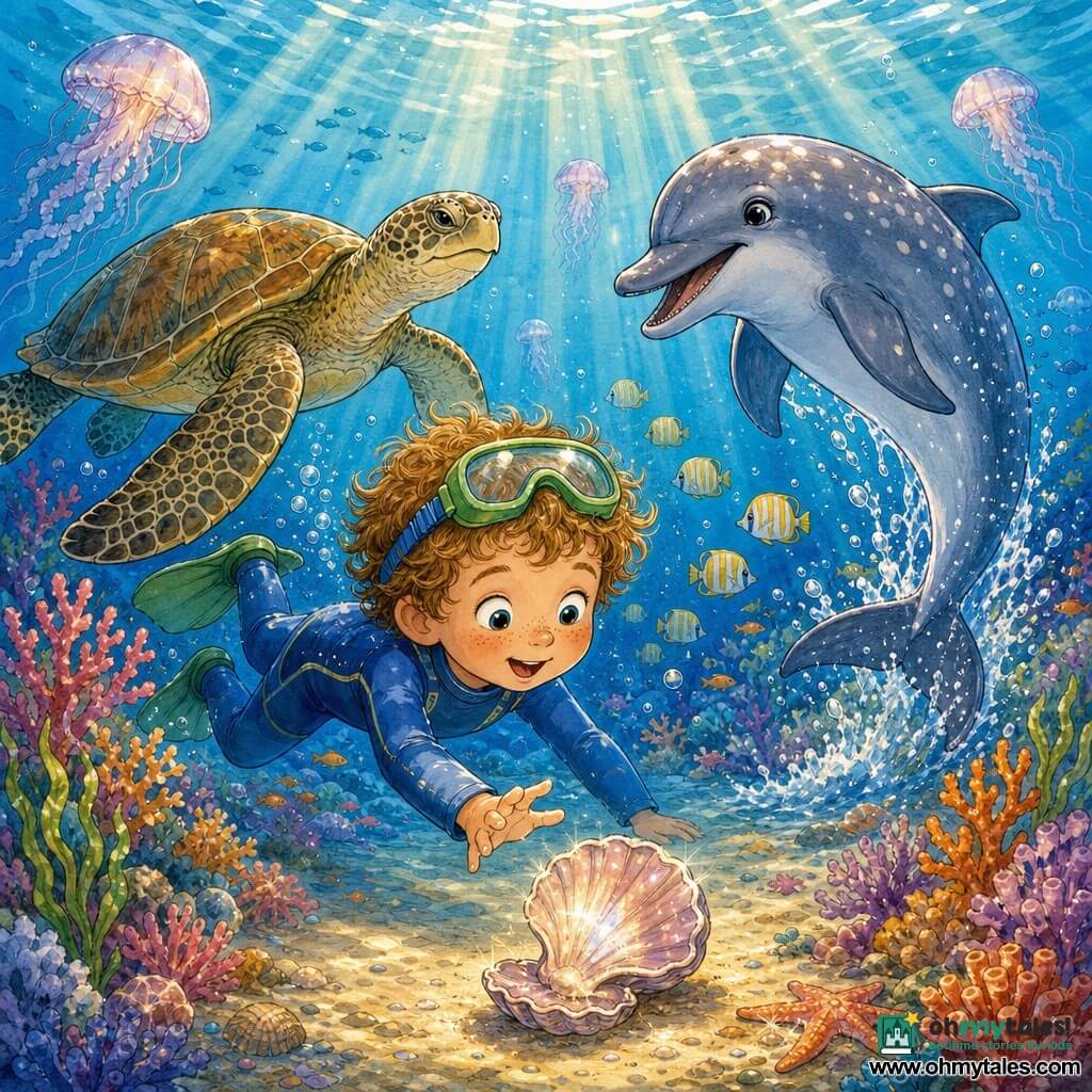 A smiling, amazed 4-year-old boy with light brown curly hair in a small blue wetsuit and green goggles floats and reaches for a shiny shell on the sand; a friendly dolphin named Dazzle, smooth grey-blue with light spots, half-leaps to his right, playful with sparkling splashes; a large gentle sea turtle with a brown-green spotted shell swims slowly behind him to the left in a protective way; the background is a colorful reef of pink, orange and purple corals, schools of yellow-and-white striped fish, glowing translucent jellyfish and sunbeams filtering through the water, capturing a calm, magical moment as the boy learns to swim surrounded by curious, kind sea friends with bubbles, waving seaweed and the glittering shell in the foreground.