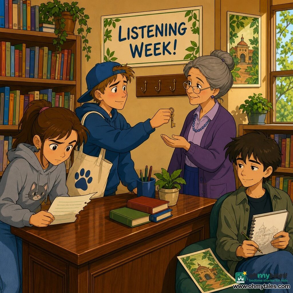 A focused, kind 12-year-old girl, Mina, with slightly furrowed brows and bright eyes wears a gray hoodie with a small cat print and jeans; she holds a torn corner of paper and leans toward the wooden counter. A relieved, embarrassed ~15-year-old boy, Theo, cheeks flushed, wears a blue cap and a tote bag with a paw logo and offers a small brass key with both hands to the librarian. Around 50, Mrs. Darzi, with glasses and a gray bun, stands behind the counter near a once-empty hook now holding the key, ready to hang it. A ~13-year-old boy, Jun, sits by a window with hair over his forehead, sketchbook in hand, smiling quietly and watching, a green-bordered flyer beside him. The warm small library has a polished wooden counter, labeled hooks behind it, colorful bookshelves, a "LISTENING WEEK!" sign and leafy art-fair posters; the main scene shows Mina calmly mediating: Theo returns the key as Mrs. Darzi retrieves it, Jun observes, and a torn paper corner with green lines is on the desk, soft light, warm colors, reassuring atmosphere.