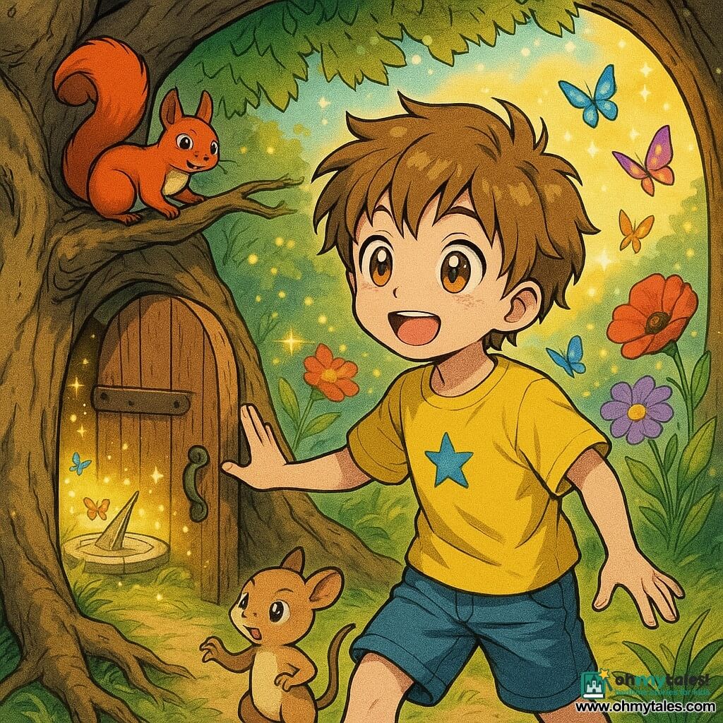 An 8-year-old boy with big bright eyes and a delighted smile, tousled light-brown hair, wearing a yellow T-shirt with a small blue star and denim shorts, reaches toward a small wooden door hidden in the roots of an old oak; a lively red squirrel named Nutty with mischievous eyes sits on a nearby branch, flicking its tail as if inviting him; beyond the door lies a sunlit garden meadow with oversized saturated flowers (red, yellow, purple), a large stone sundial at the center, multicolored butterflies, golden light and floating stardust; mid-shot composition, gentle magical mood, warm contrasting colors, clear lines and child-friendly expressions.