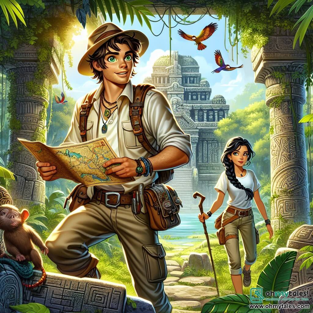 A man in his thirties, Thomas, stands at the center of the image with messy brown hair and sparkling green eyes filled with excitement. He wears an explorer's hat and a pocket-filled vest, holding an ancient map while gazing at the mysterious ruins before him, a look of wonder on his face. Beside him, Lila, a young woman around 25 with long braided black hair and tanned skin, attentively observes the surroundings. Dressed in lightweight pants and a t-shirt, she holds a walking stick, ready to guide Thomas through the jungle. The backdrop features ancient ruins covered in vines and moss, with majestic columns rising towards the sky and sunlight filtering through the dense jungle foliage. Colorful birds fly above, adding a touch of magic to the atmosphere. The main scene shows Thomas and Lila discovering the ruins of Xal'Vera, with Thomas examining the map and Lila scanning the area as they prepare to enter this mysterious world filled with treasures and secrets.