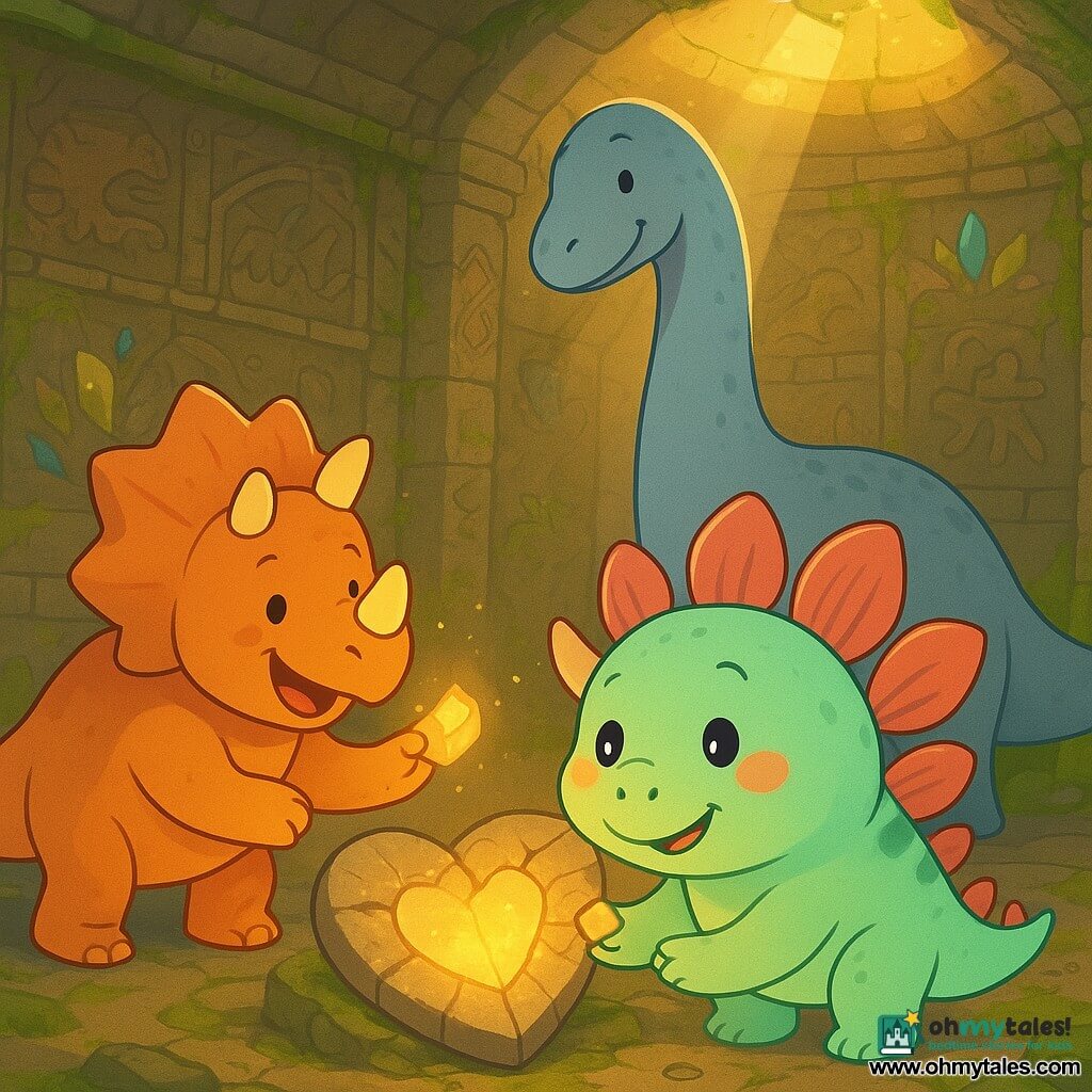 A young, round stegosaurus with mint-green skin and pink-striped plates, looking amazed and focused, delicately holds a shiny stone fragment before a large carved slab; joyful triceratops Ruby, brown-orange with short horns, smiles and offers another glowing piece from slightly left; wise old brachiosaurus Sage, bluish-gray with a long neck, stands behind the slab watching proudly with a gentle smile; inside a moss-covered stone temple with carved prehistoric motifs, embedded glowing crystals, and golden beams from an opening in the ceiling, the two dinosaurs together insert the final fragments into a cracked stone heart that begins to emit a warm, golden glow, evoking cooperation, tenderness, and reassuring magic.