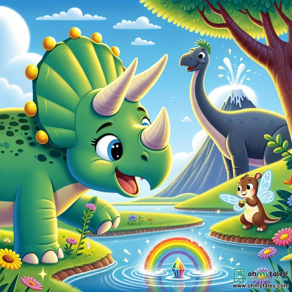 A cheerful triceratops named Tilly, with three shiny horns and a bright smile, stands by a sparkling pond, her green scales shimmering in the sun. Next to her, Benny, a tall brachiosaurus with a long neck, peacefully eats leaves from a tree, looking at Tilly with a friendly and curious gaze. In the background, a vibrant landscape of colorful flowers stretches out, with majestic mountains and a smiling volcano gently smoking. The scene depicts Tilly and Benny discovering the Rainbow Crystal, a shiny stone in rainbow colors, sparkling at the center of the pond, while a small fairy named Fifi, with sparkling wings, encourages them to catch it to make the volcano happy.