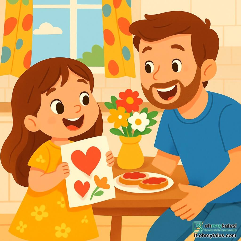 Una bambina di 4 anni, con lunghi capelli castani e occhi scintillanti di gioia, tiene in mano una carta colorata. Indossa un vestito giallo solare con motivi floreali, e il suo viso irradia eccitazione e amore. Accanto a lei, suo padre, un uomo sulla trentina, con capelli castani e una barba morbida, sorride calorosamente. Indossa una maglietta blu e jeans, e si piega leggermente verso la figlia, con le braccia aperte per abbracciarla. La scena si svolge in una cucina luminosa, con pareti bianche e tende a motivi colorati. Un tavolo di legno è imbandito con deliziose fette di pane con marmellata, e un grande vaso pieno di fiori freschi troneggia al centro. La bambina offre orgogliosamente la sua carta per la festa del papà a suo padre, che la guarda con meraviglia. L'atmosfera è piena di calore e felicità, con risate e sorrisi radiosi che illuminano la stanza.