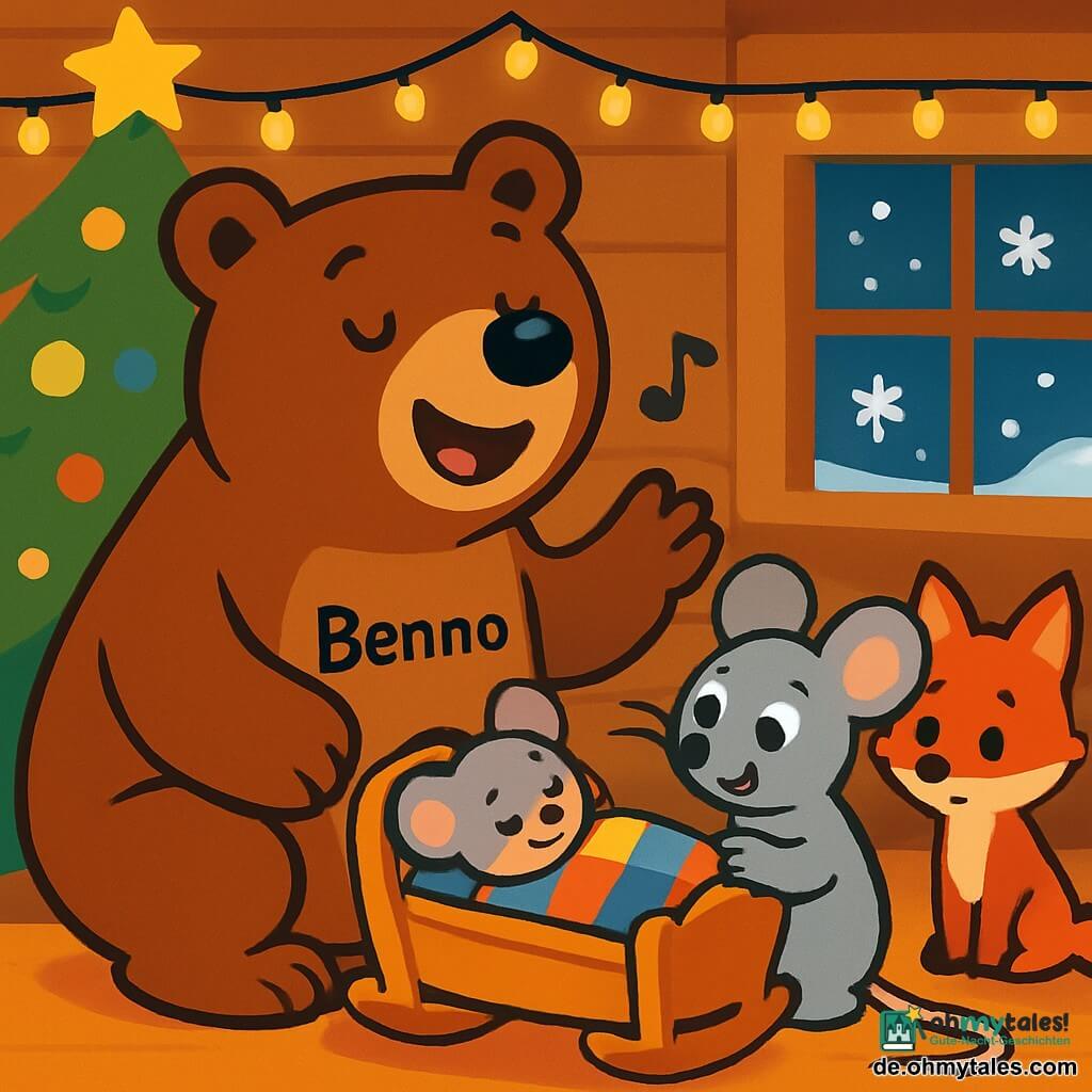 Ein großer, sanfter und freundlicher Braunbär namens Benno singt mit einem warmen Lächeln auf seinem Gesicht, während er neben einem kleinen Holzbett sitzt. Seine Augen strahlen Zärtlichkeit aus, während er ein schlafendes Baby-Mäuschen betrachtet, das in eine weiche, bunte Decke gehüllt ist. In der Nähe lächelt eine kleine Maus, die Mama-Maus, mit grauem Fell und funkelnden Augen dankbar und streichelt sanft ihr Baby. Ein kleiner roter Fuchs mit strahlendem Fell und spitzen Ohren steht schüchtern im Hintergrund, seine Miene zeigt Nervosität und Hoffnung, während er der sanften Melodie von Benno lauscht. Die Szene spielt in einer gemütlichen Holzhütte, geschmückt mit funkelnden Lichtern, in einer Ecke steht ein großer, beleuchteter Weihnachtsbaum, und draußen fallen sanft Schneeflocken durch das Fenster. Benno singt ein Weihnachtslied und schafft eine magische und friedliche Atmosphäre, in der Liebe und Versöhnung in der Luft liegen und alle Charaktere in eine sanfte festliche Wärme hüllen.